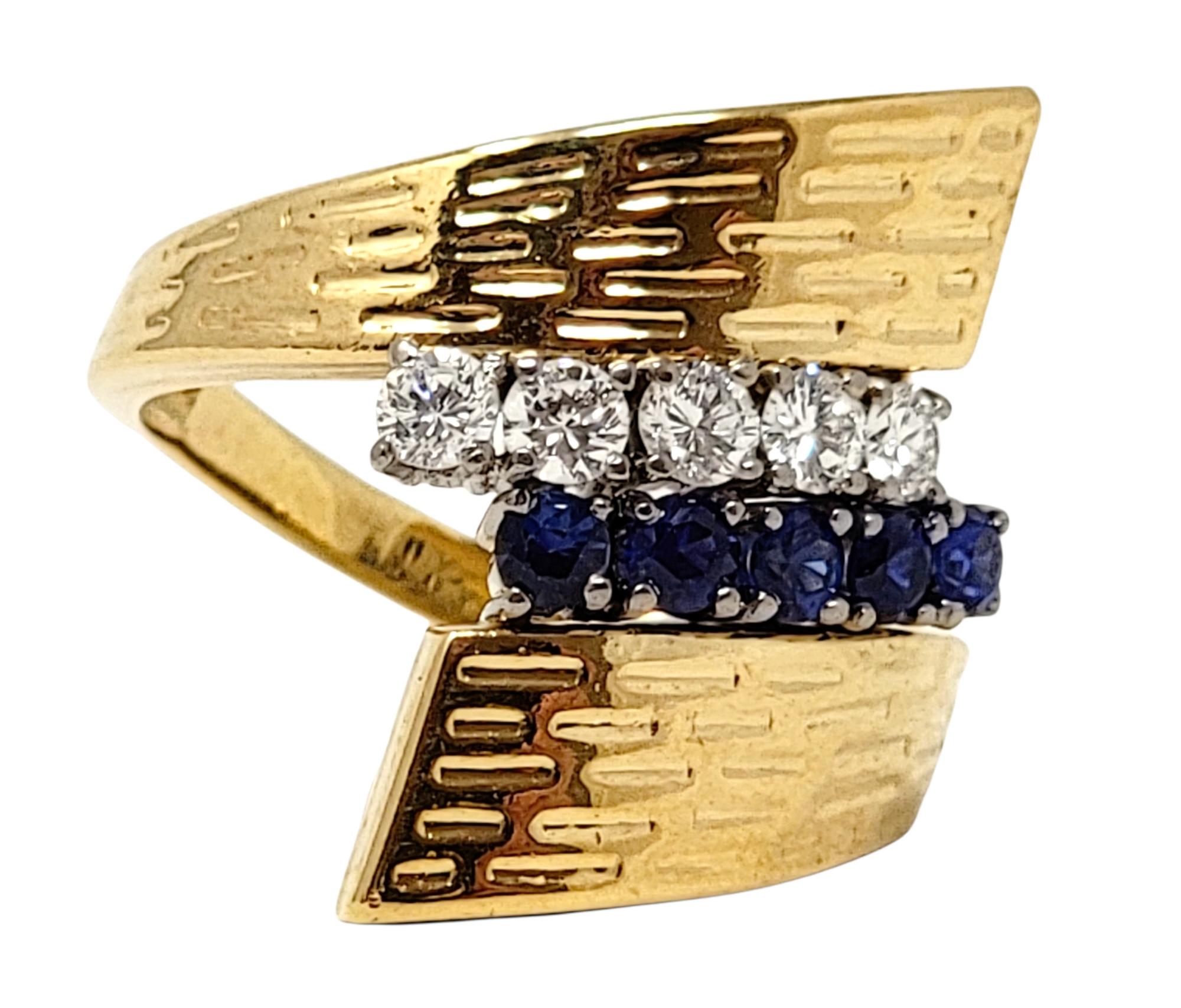 Textured 18 Karat Yellow Gold Wrap Ring with Natural Sapphires and Diamonds For Sale 1