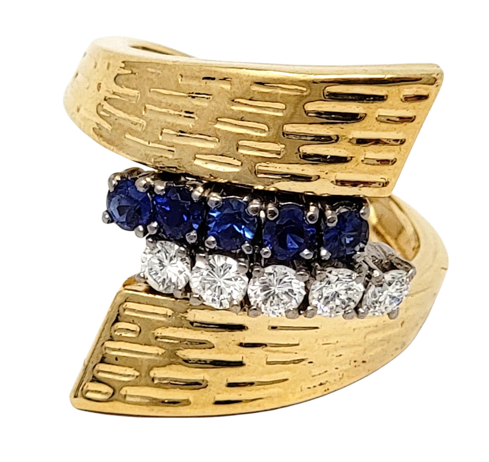 Textured 18 Karat Yellow Gold Wrap Ring with Natural Sapphires and Diamonds For Sale 3