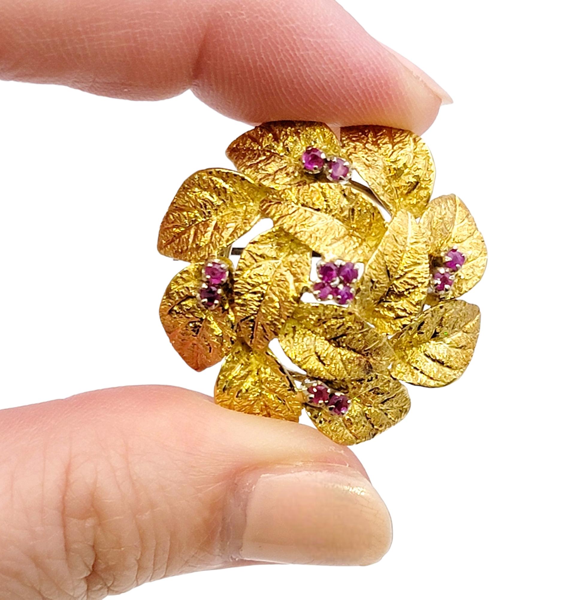 Textured 18 Karat Yellow Gold Wreath Motif 3D Brooch with Natural Ruby Accents For Sale 5