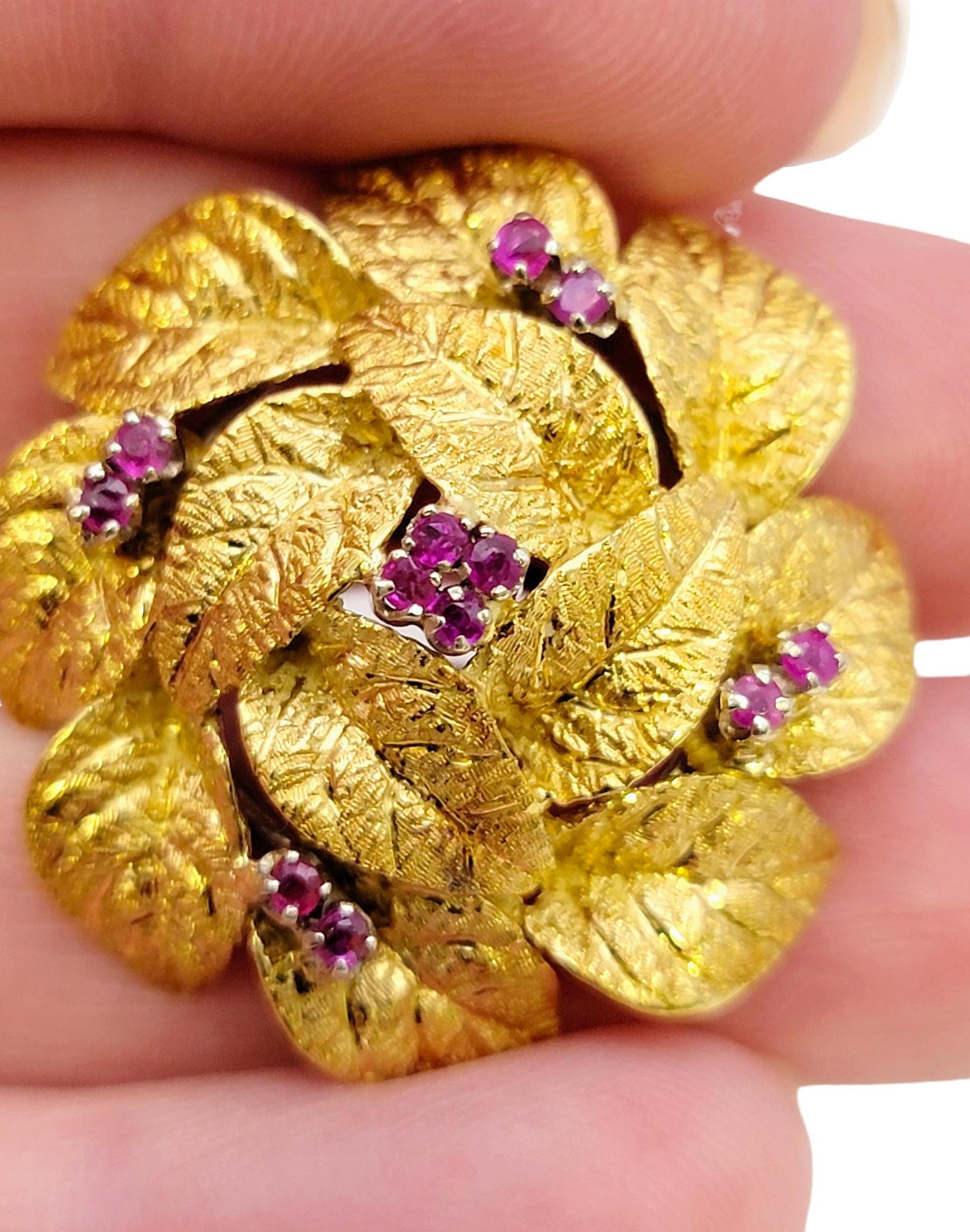 Textured 18 Karat Yellow Gold Wreath Motif 3D Brooch with Natural Ruby Accents For Sale 6