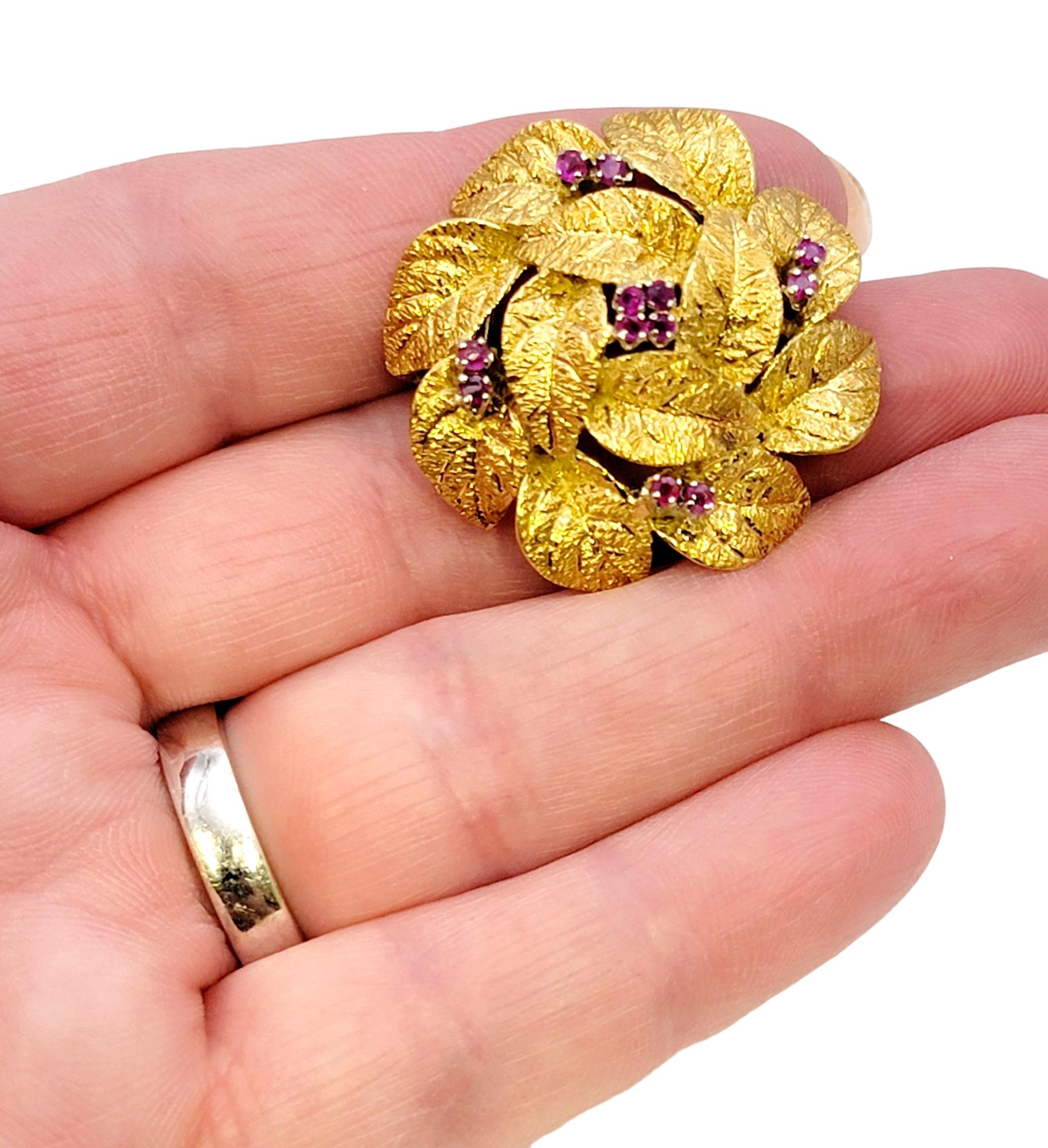 Textured 18 Karat Yellow Gold Wreath Motif 3D Brooch with Natural Ruby Accents For Sale 7