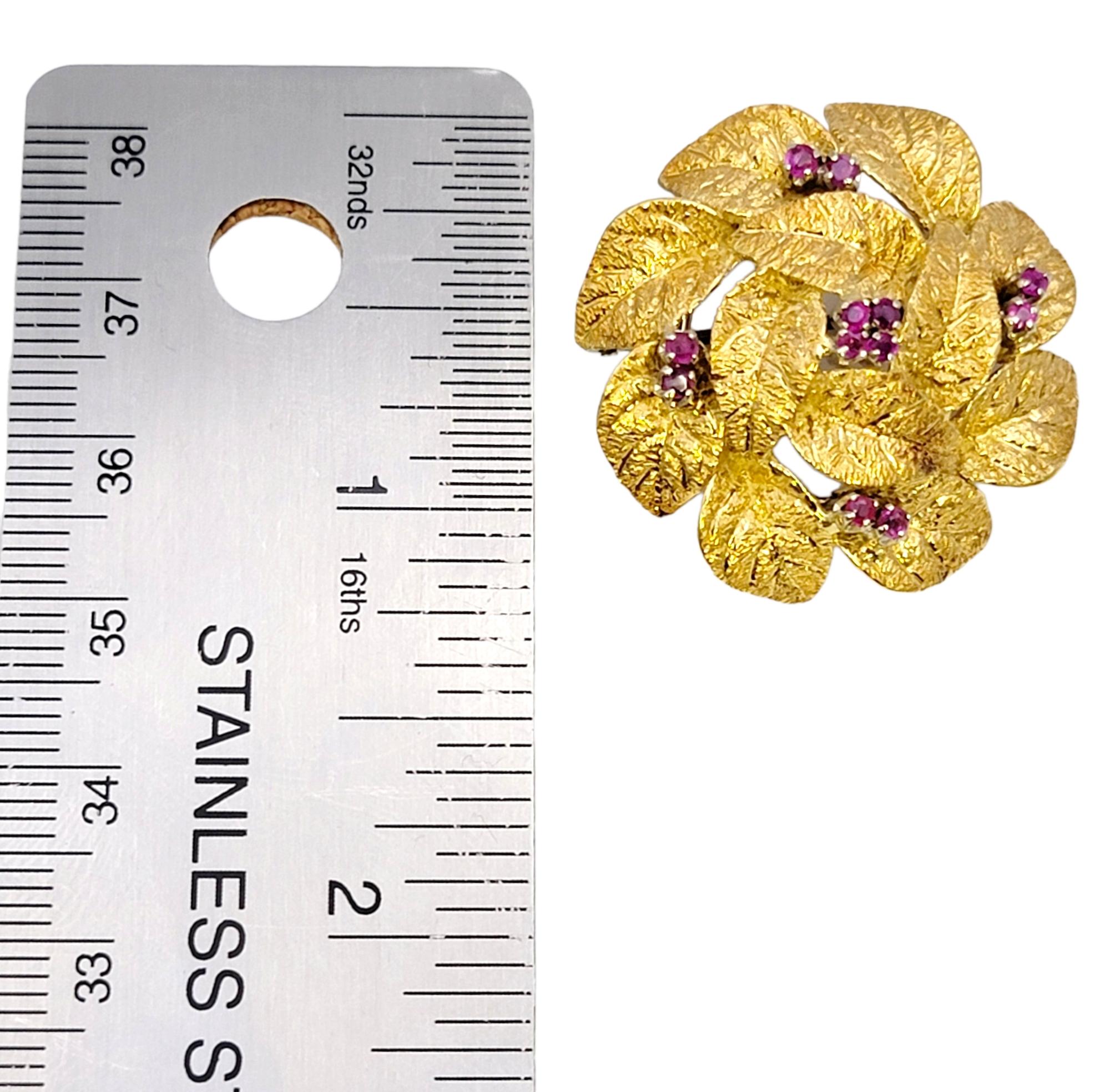 Textured 18 Karat Yellow Gold Wreath Motif 3D Brooch with Natural Ruby Accents For Sale 8