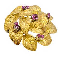 Textured 18 Karat Yellow Gold Wreath Motif 3D Brooch with Natural Ruby Accents