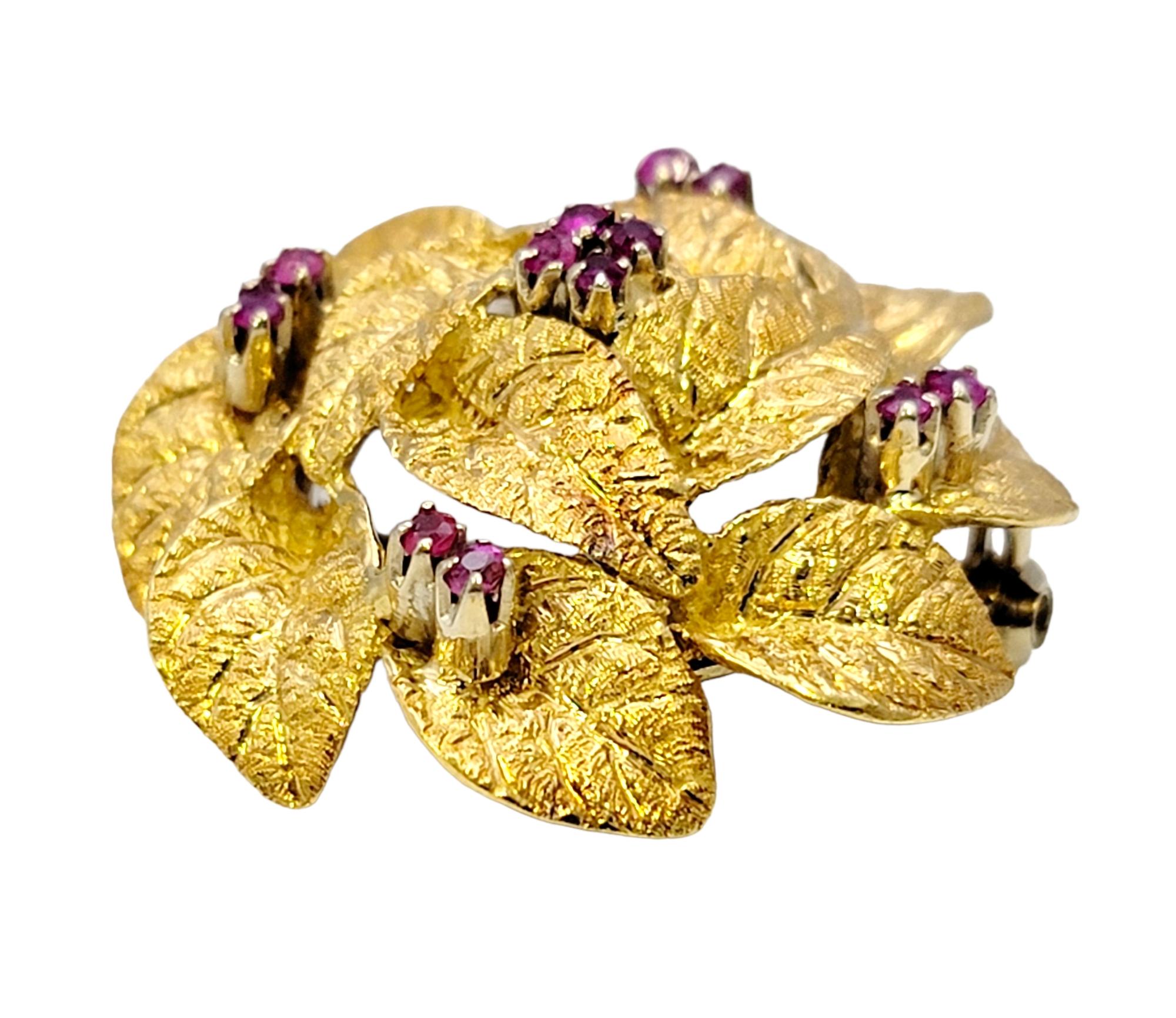 Contemporary Textured 18 Karat Yellow Gold Wreath Motif 3D Brooch with Natural Ruby Accents For Sale