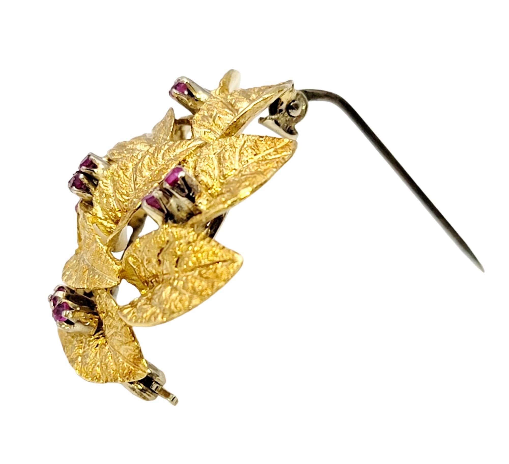 Women's Textured 18 Karat Yellow Gold Wreath Motif 3D Brooch with Natural Ruby Accents For Sale