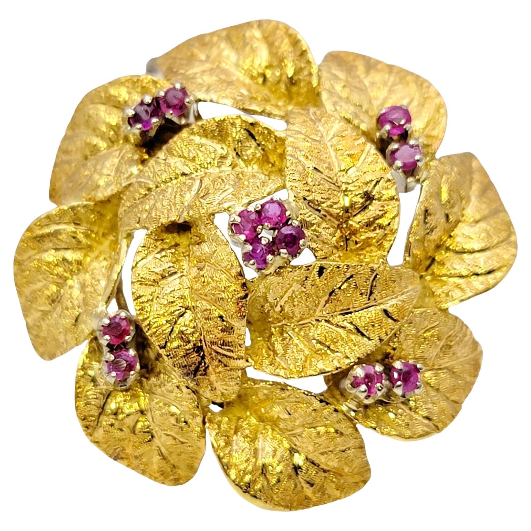 Textured 18 Karat Yellow Gold Wreath Motif 3D Brooch with Natural Ruby Accents For Sale