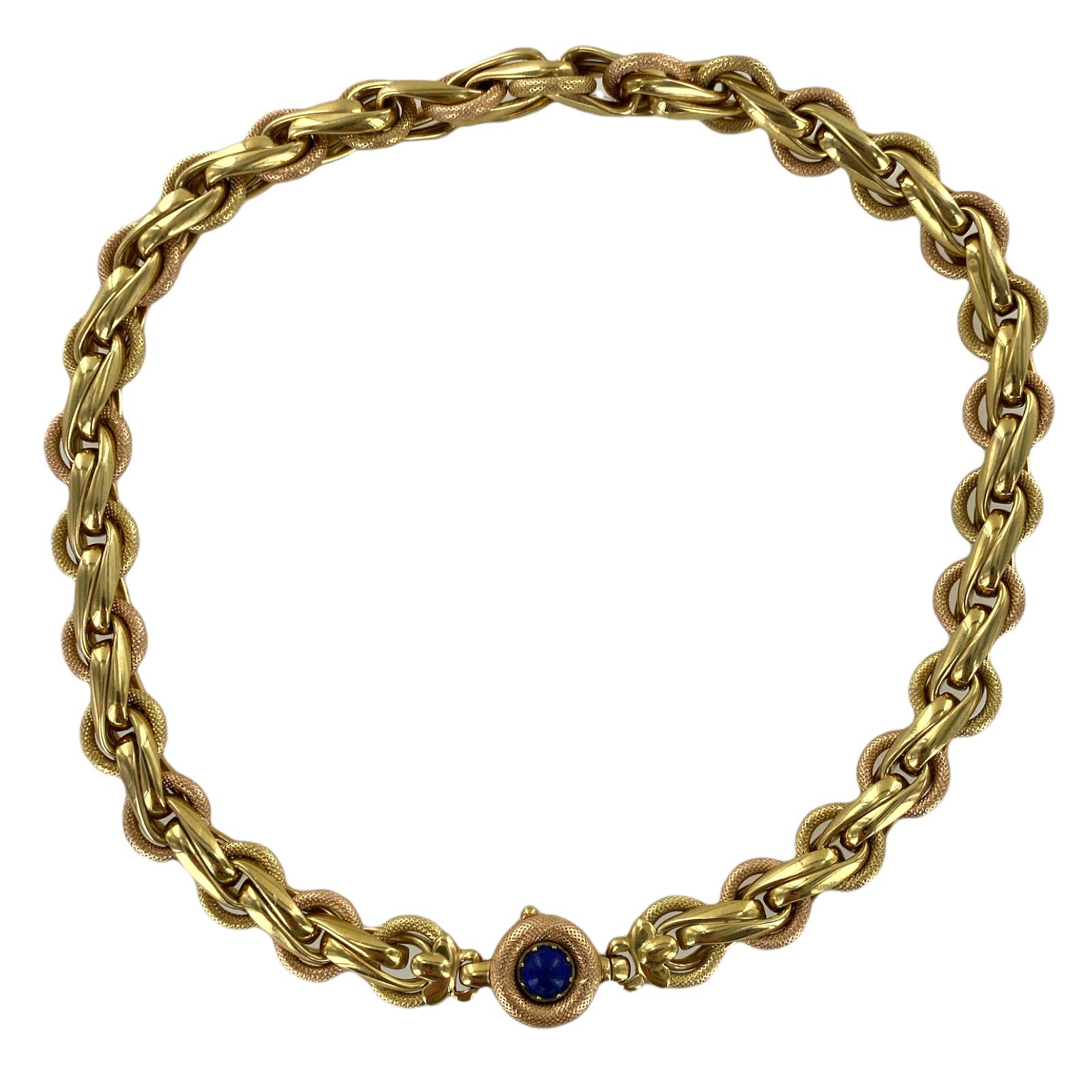 Textured 18 Karat Yellow & Rose Gold Link Necklace Cabochon Lapis Lazuli Clasp In Excellent Condition In Boca Raton, FL