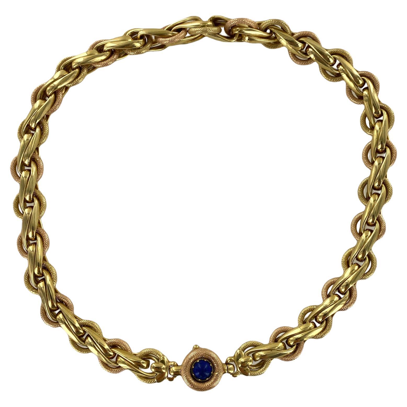 Textured 18 Karat Yellow & Rose Gold Link Necklace Cabochon Lapis Lazuli Clasp