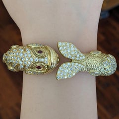 Textured 18k Yellow Gold Fish Cuff Bracelet with 3.00ct Diamonds