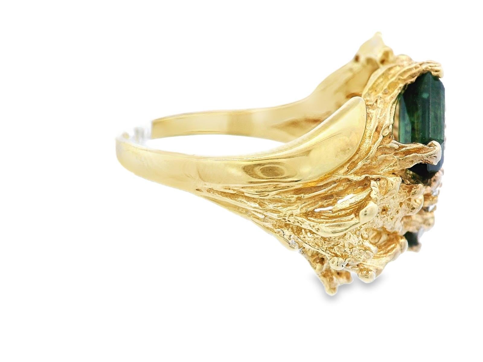 Emerald Cut Textured 18k Yellow Gold Green Tourmaline & Diamond Ring For Sale
