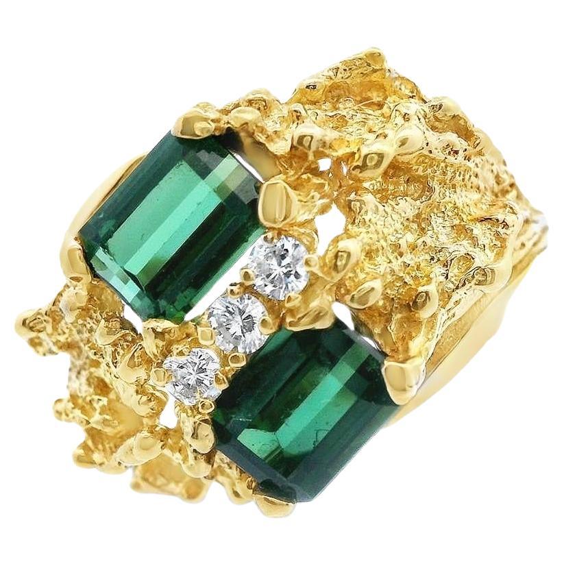 Textured 18k Yellow Gold Green Tourmaline & Diamond Ring