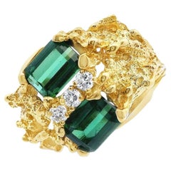 Textured 18k Yellow Gold Green Tourmaline & Diamond Ring