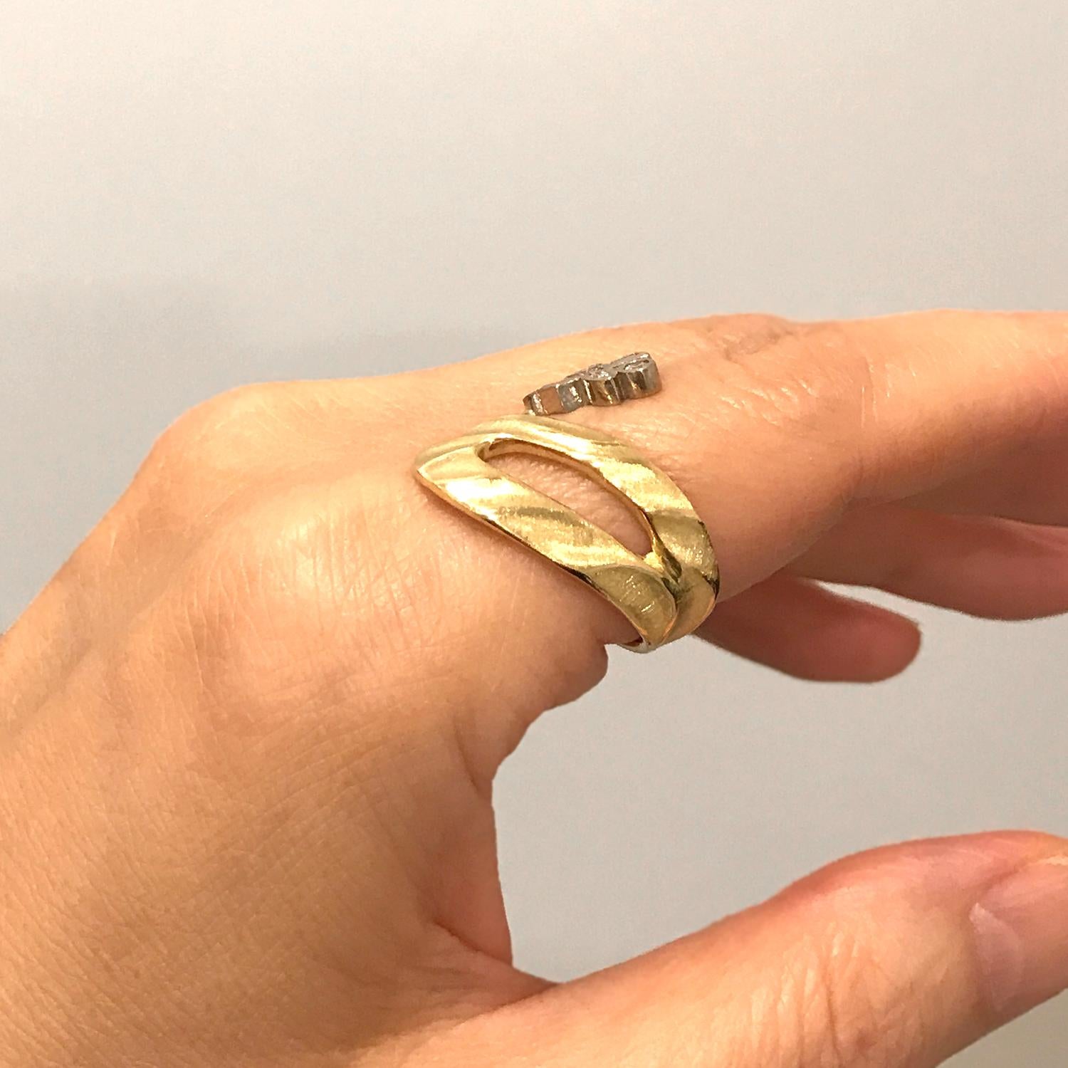 Brilliant Cut Textured 18 Karat Gold Open Ring-Multi Shape Diamonds in 18 Karat Gold Bezels For Sale