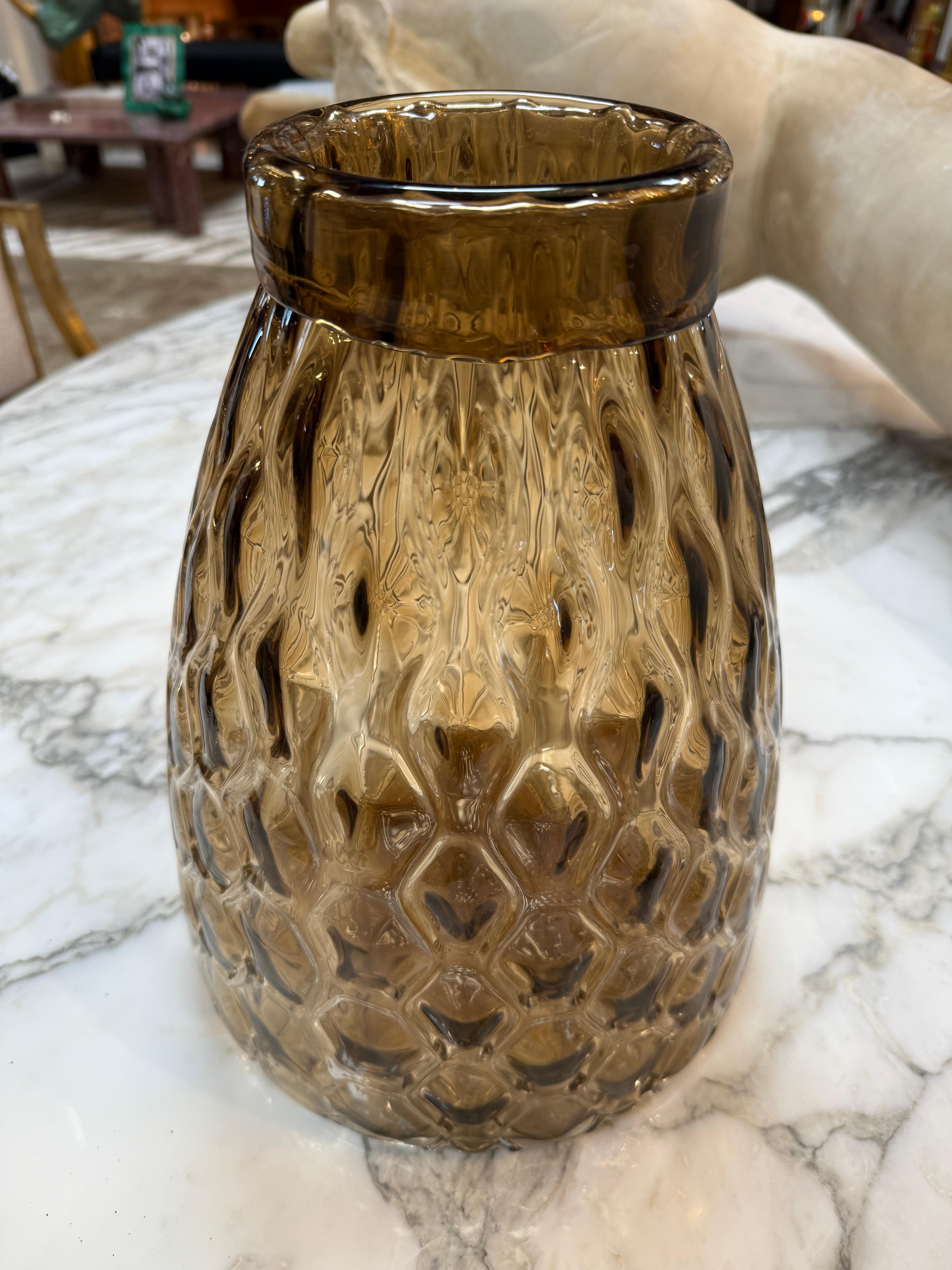 Modern Textured Amber Glass Vase For Sale