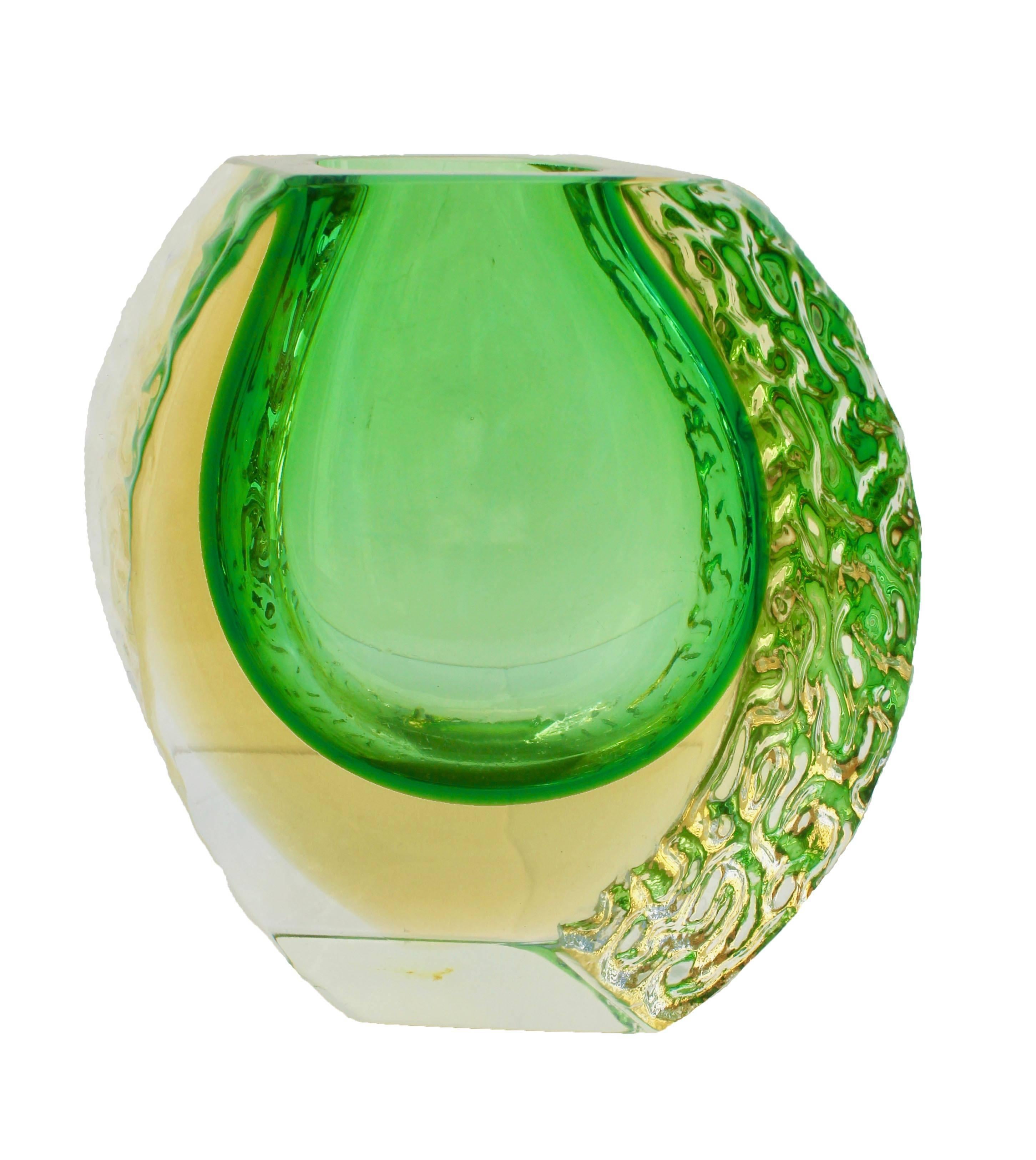 Italian Textured and Faceted Murano Sommerso Green and Yellow Ice Glass Vase