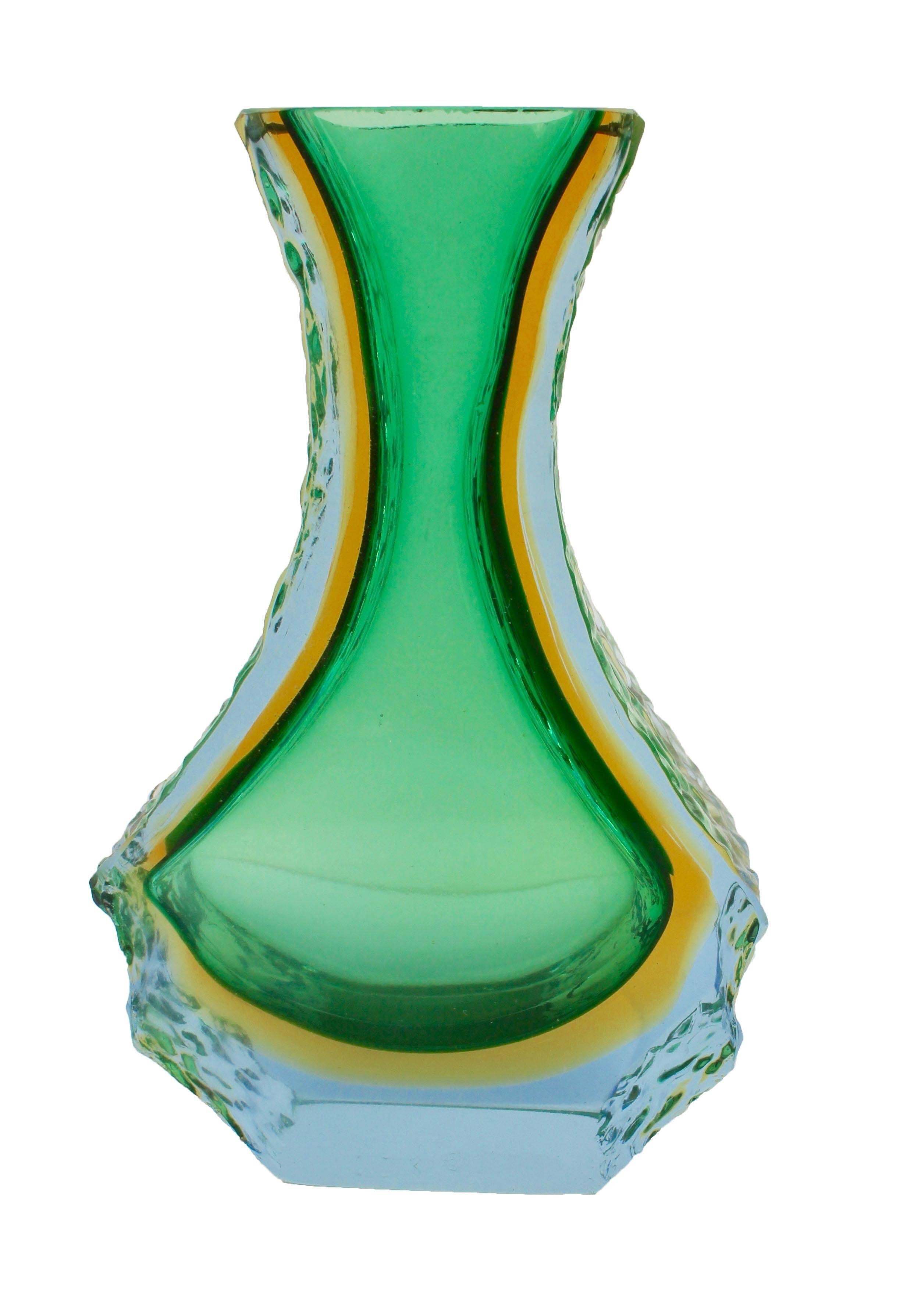 Murano Glass Textured and Faceted Murano Sommerso Green and Yellow Ice Glass Vase