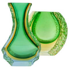 Textured and Faceted Murano Sommerso Green and Yellow Ice Glass Vase