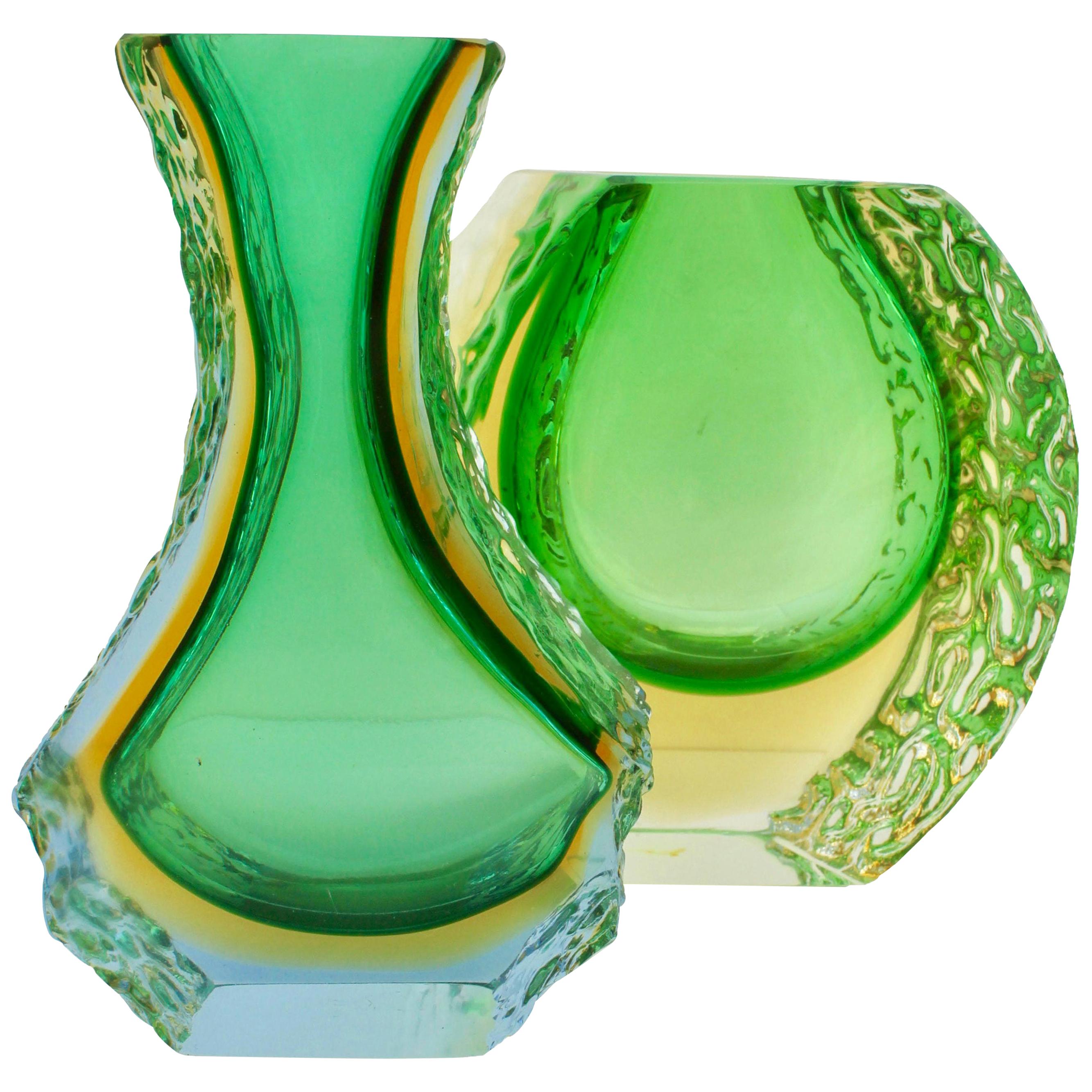 Textured and Faceted Murano Sommerso Green and Yellow Ice Glass Vase