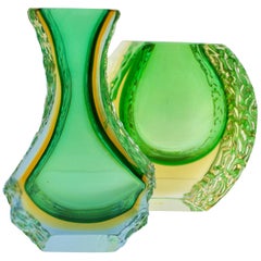 Textured and Faceted Murano Sommerso Green and Yellow Ice Glass Vase