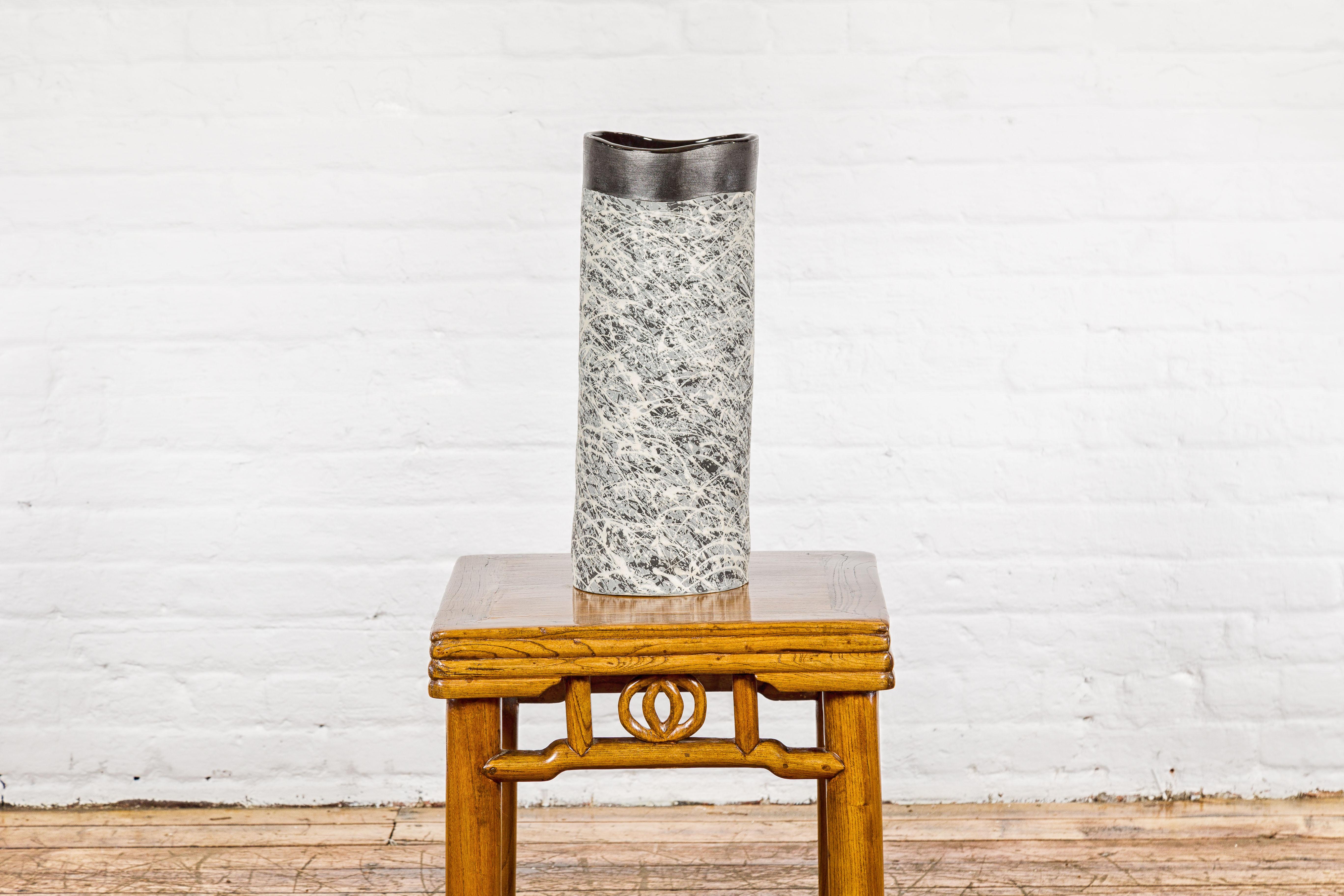 Contemporary Textured Black, Gray and Black Spattered Ceramic Vase For Sale