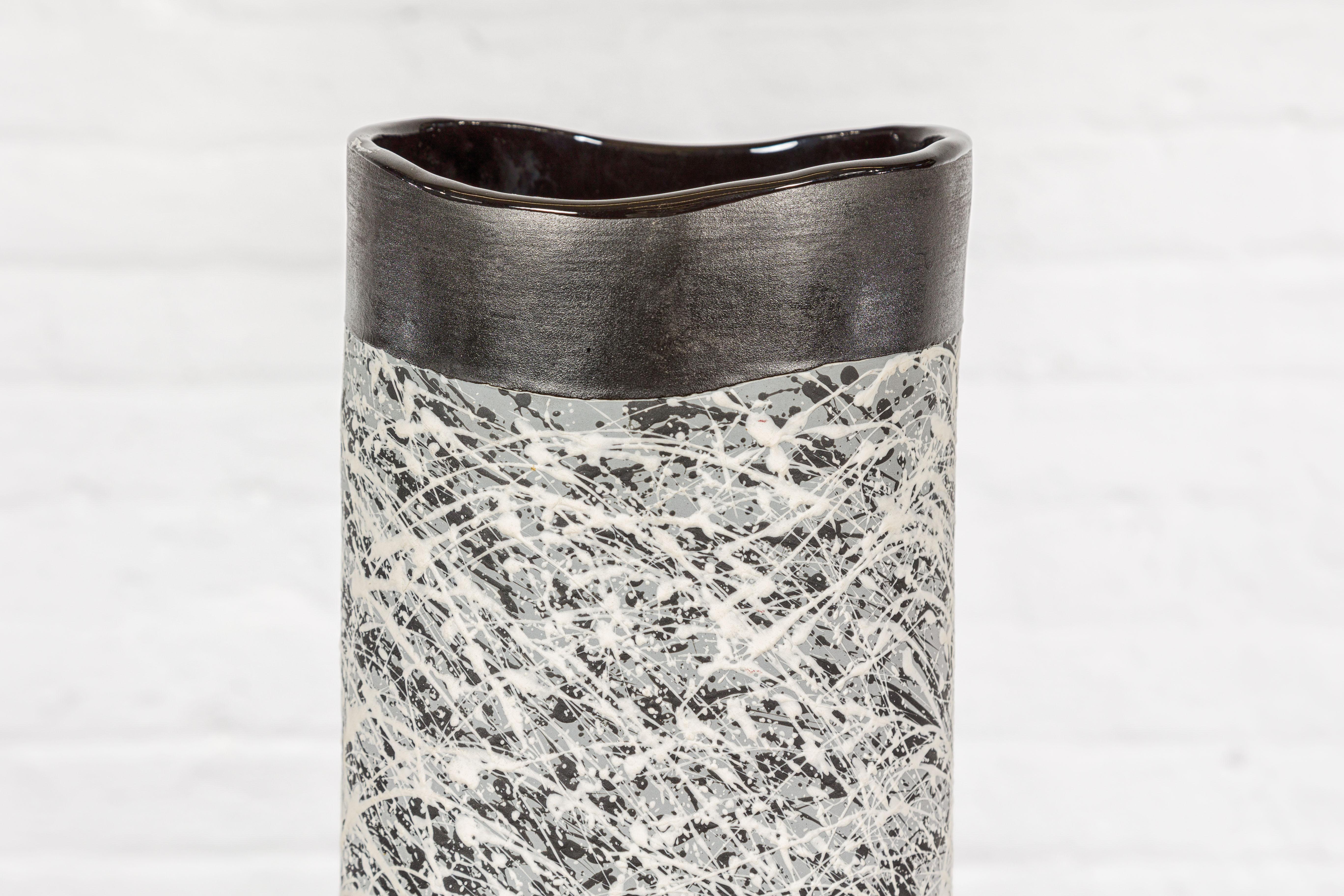 Textured Black, Gray and Black Spattered Ceramic Vase For Sale 1