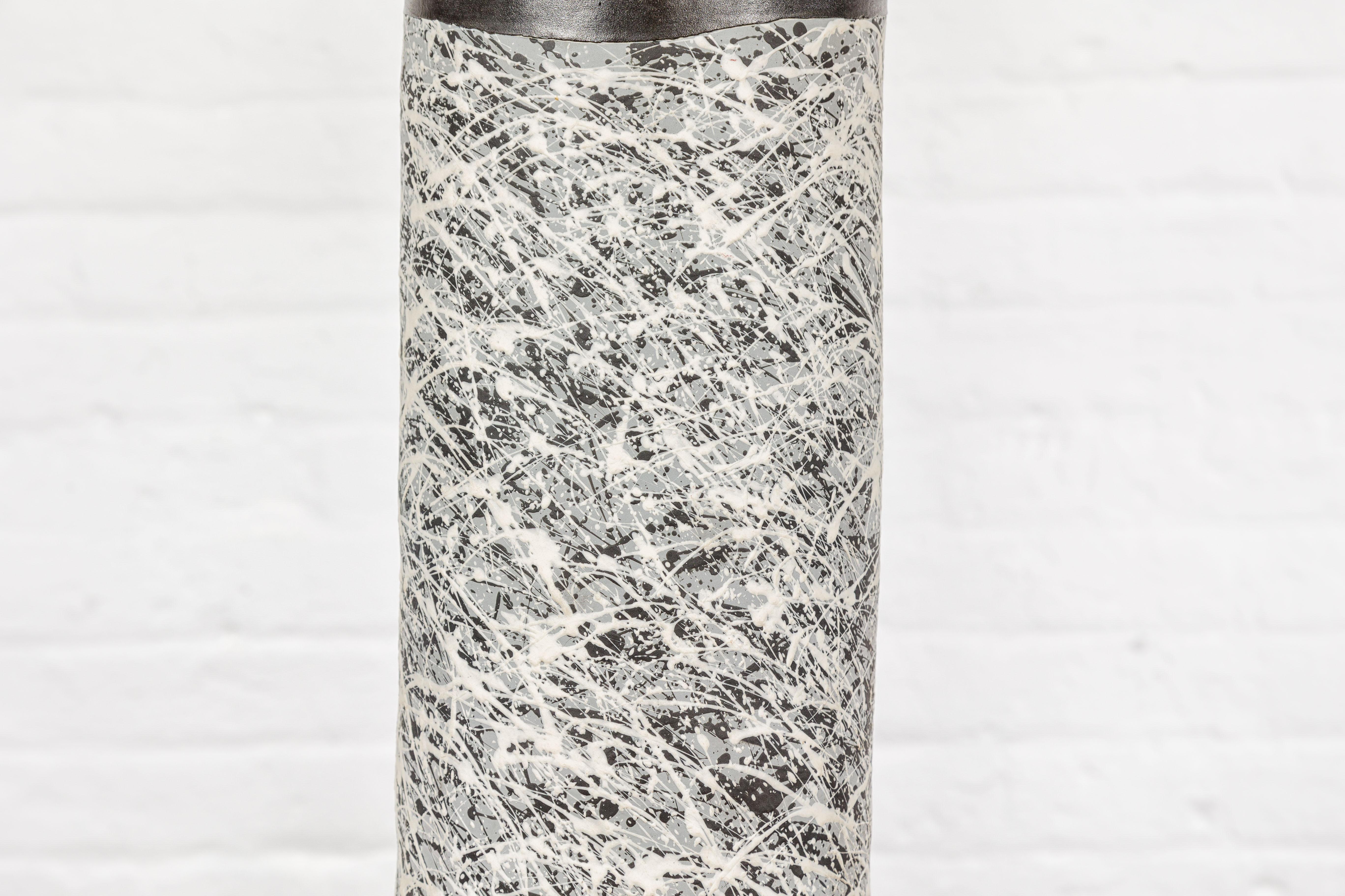Textured Black, Gray and Black Spattered Ceramic Vase For Sale 2