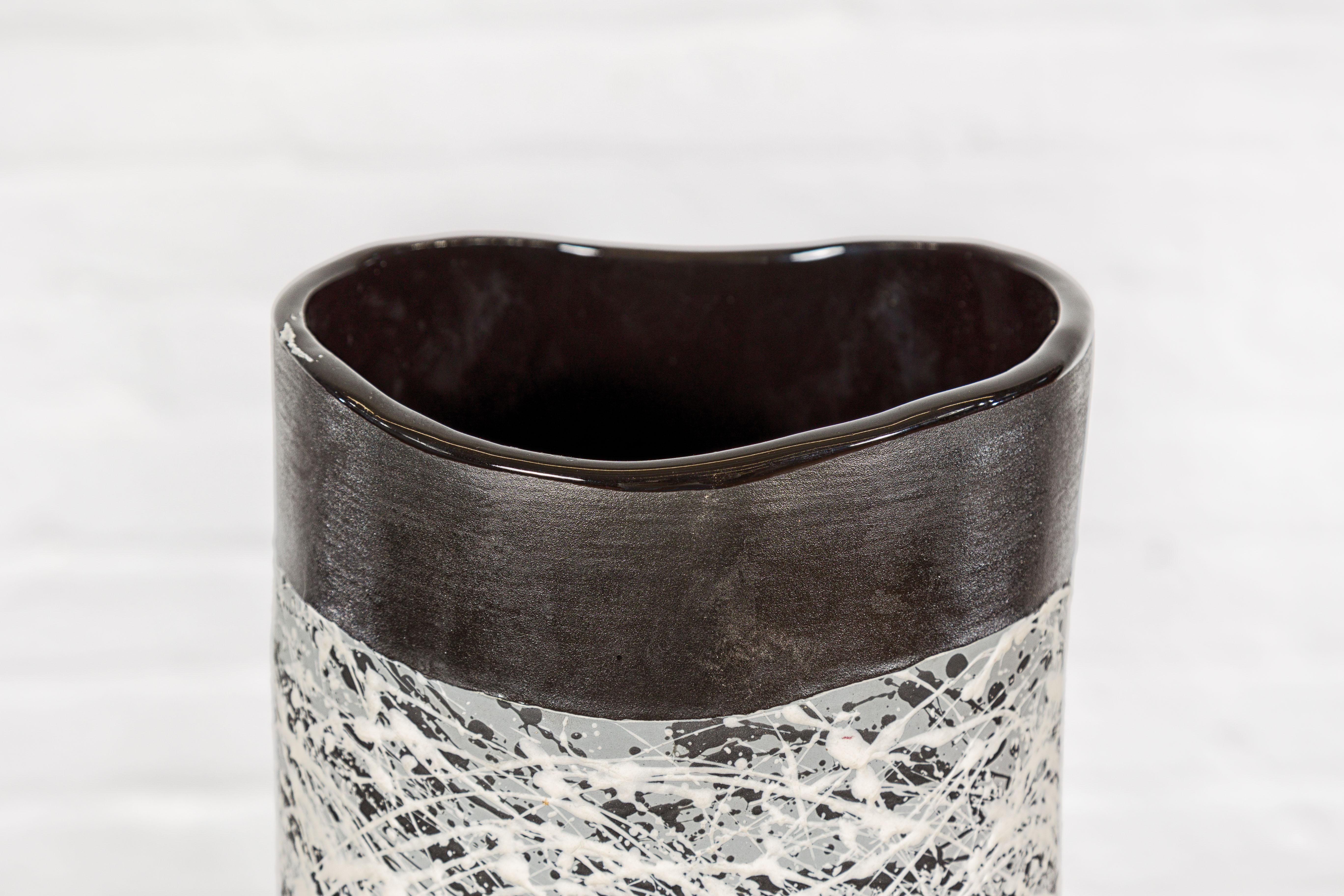 Textured Black, Gray and Black Spattered Ceramic Vase For Sale 4