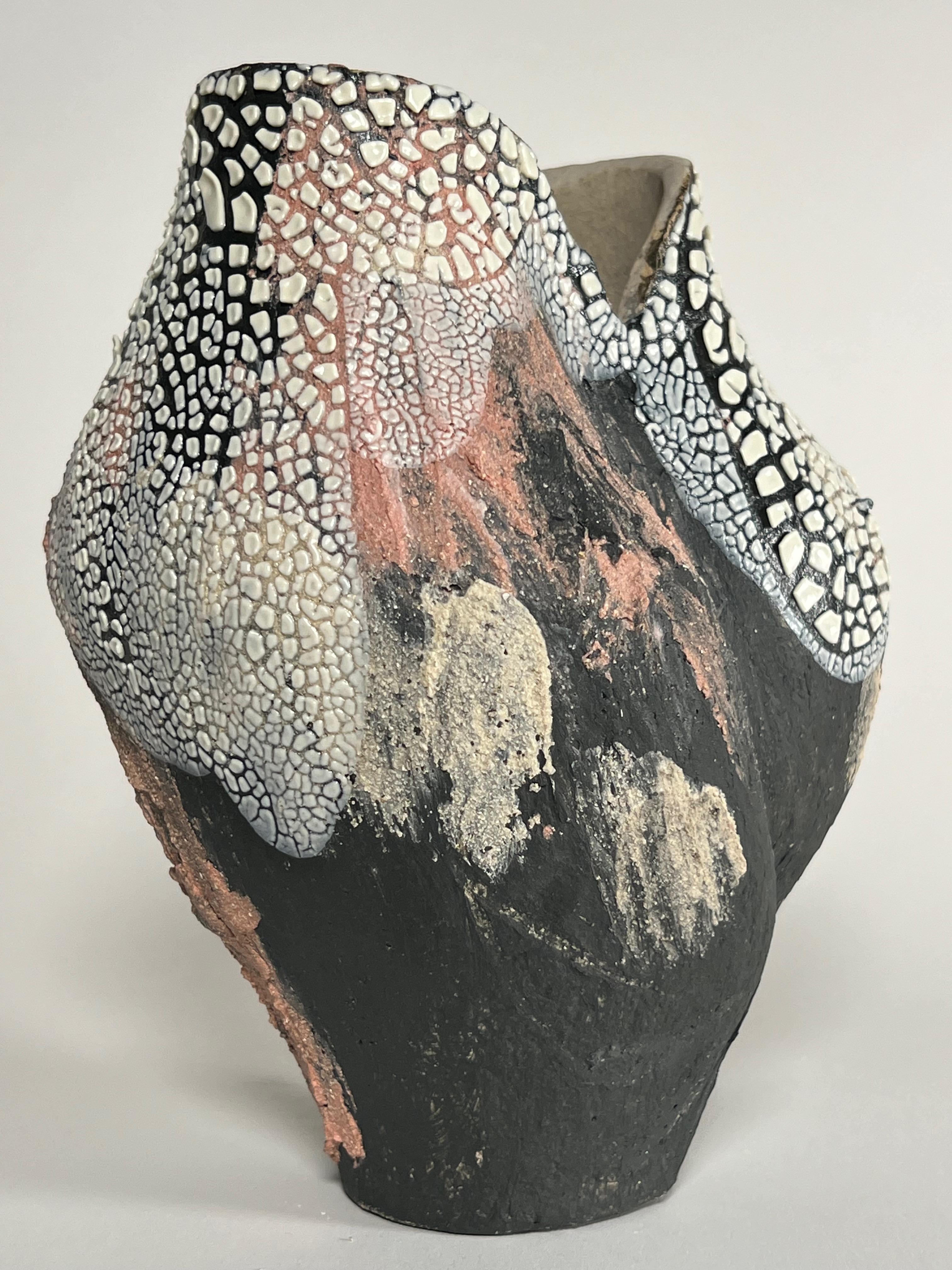 American Textured Black / Pink Multi Ceramic Vessel- Lost Quarry Organic Modern For Sale