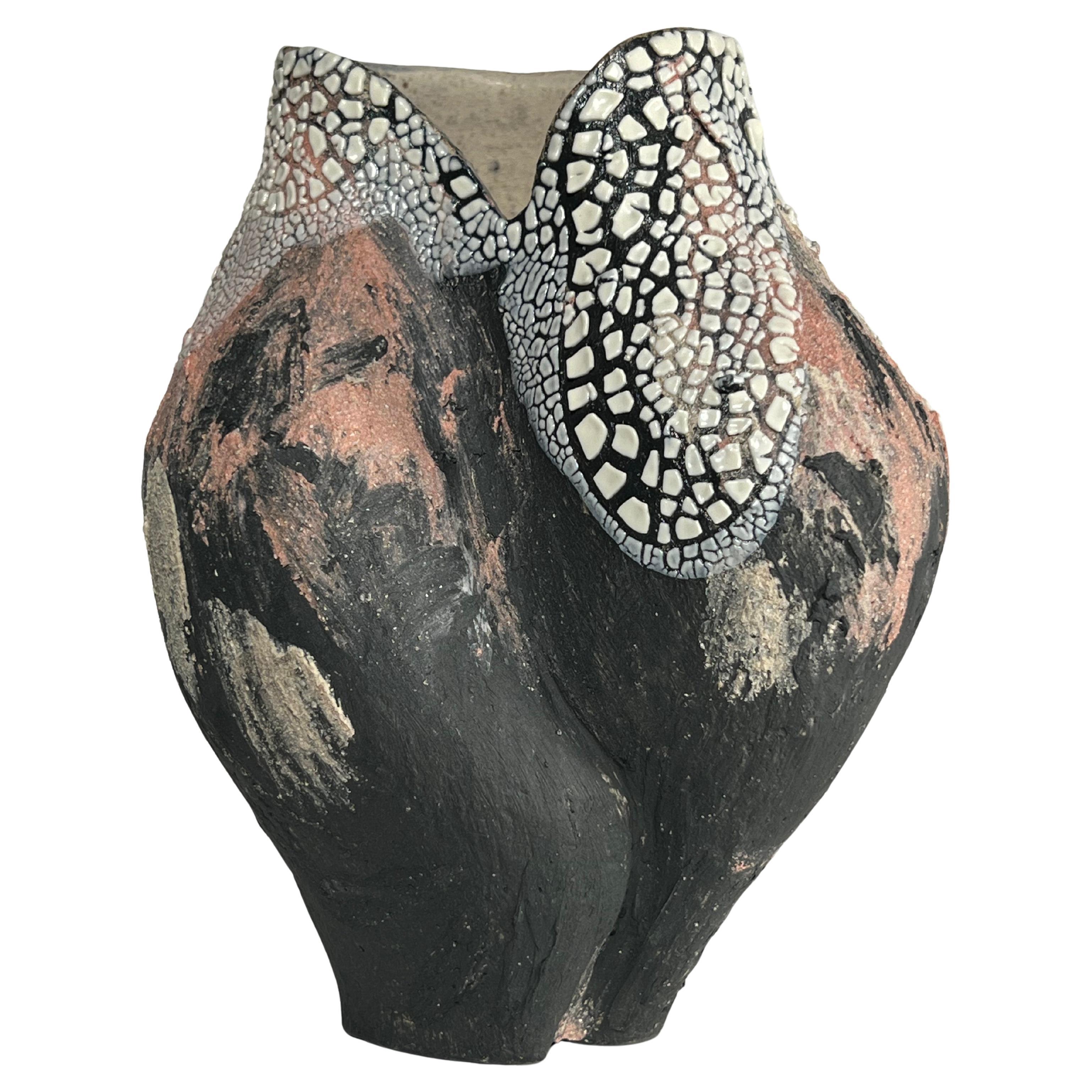 Textured Black / Pink Multi Ceramic Vessel- Lost Quarry Organic Modern For Sale