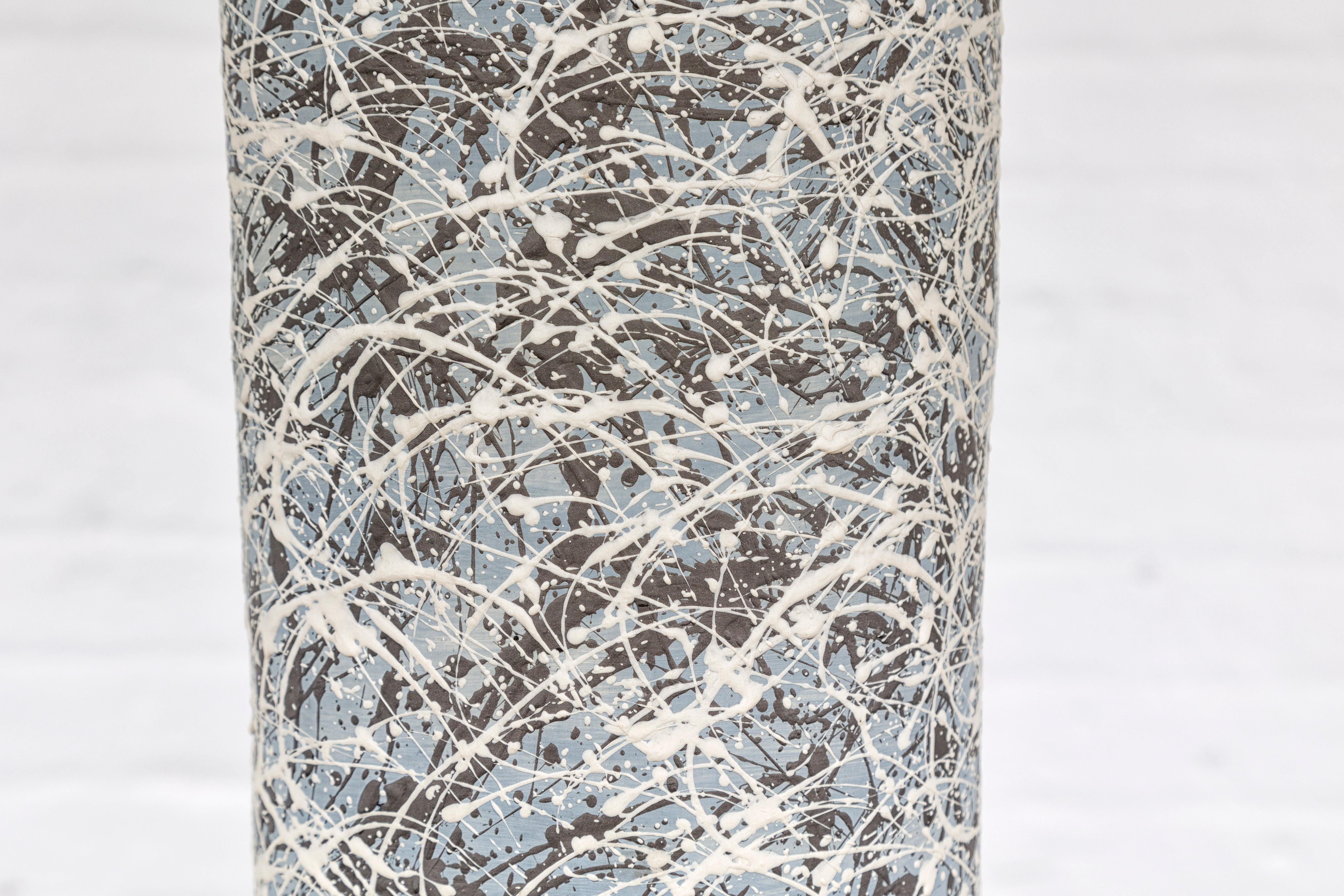 Textured Blue Gray, White, Brown and Black Spattered Ceramic Vase For Sale 5