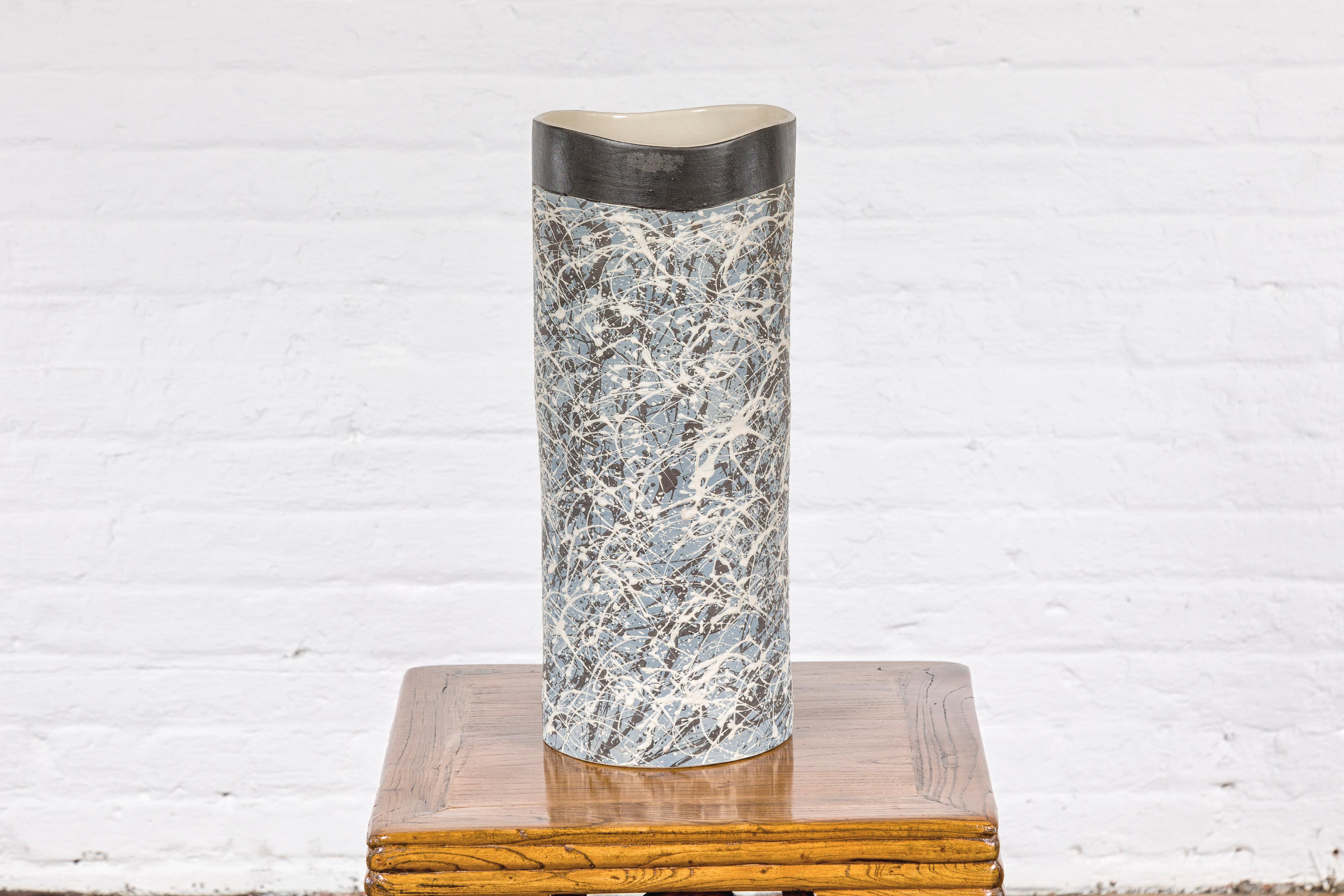 Textured Blue Gray, White, Brown and Black Spattered Ceramic Vase For Sale 9