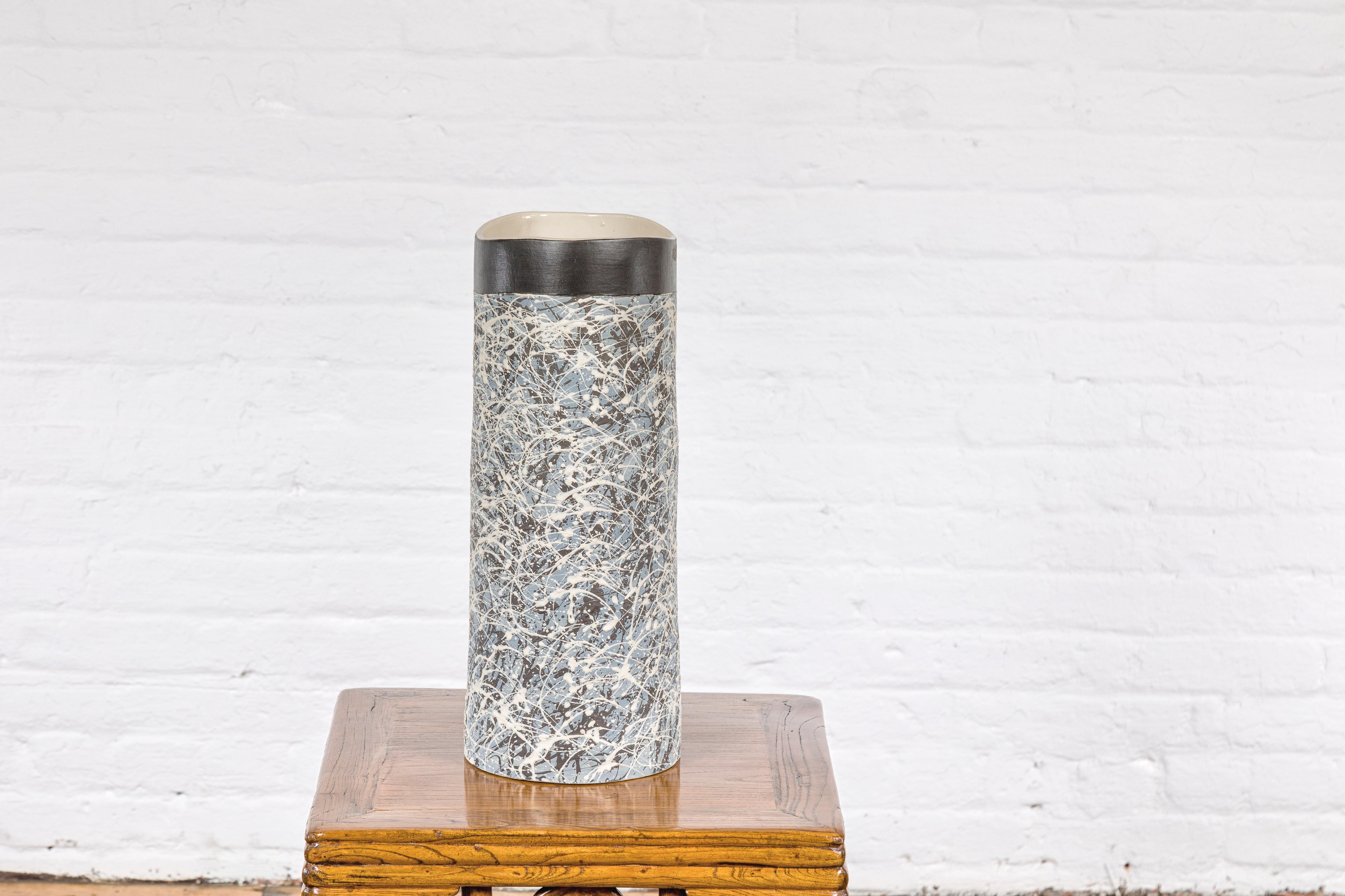 Textured Blue Gray, White, Brown and Black Spattered Ceramic Vase For Sale 10
