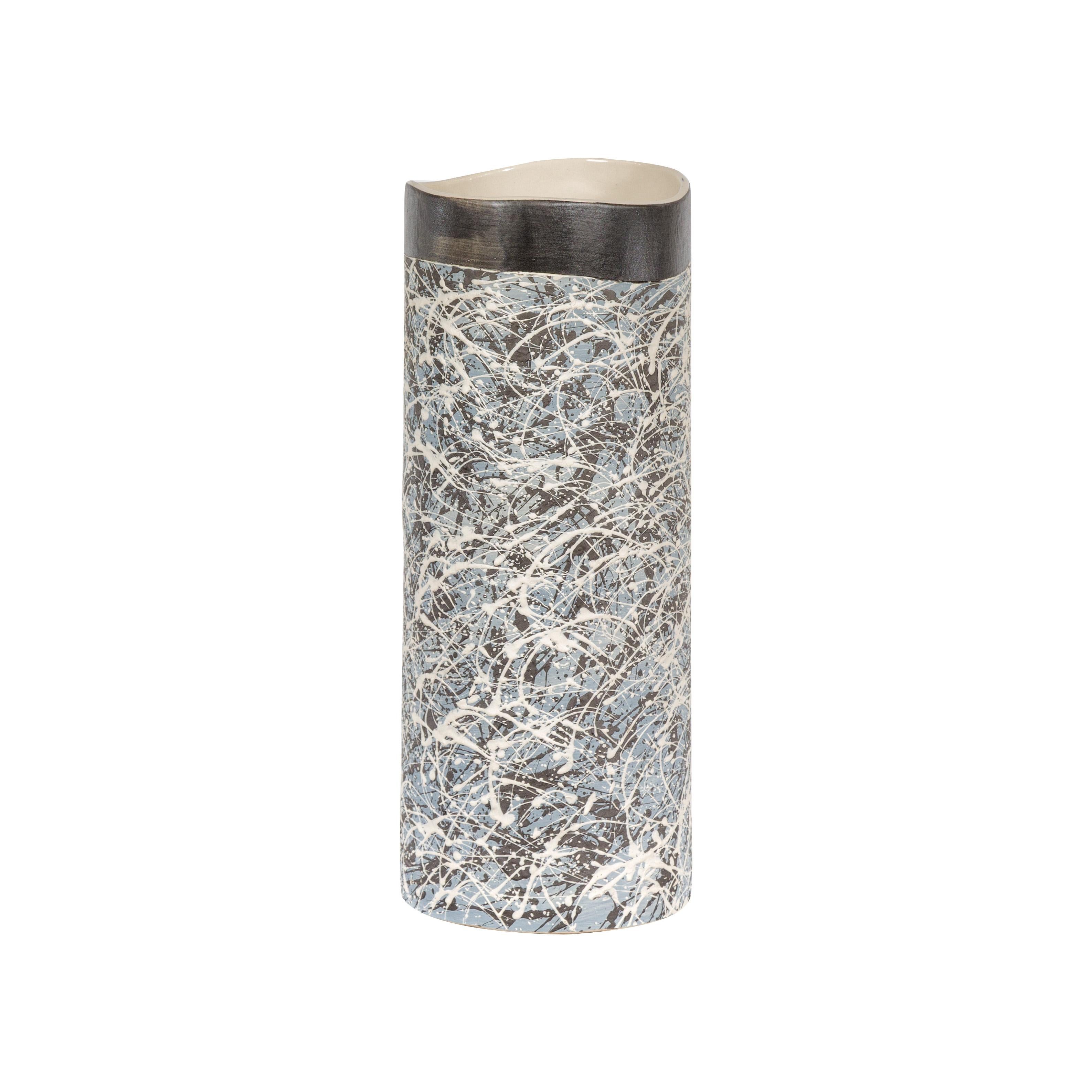 Textured Blue Gray, White, Brown and Black Spattered Ceramic Vase For Sale 13