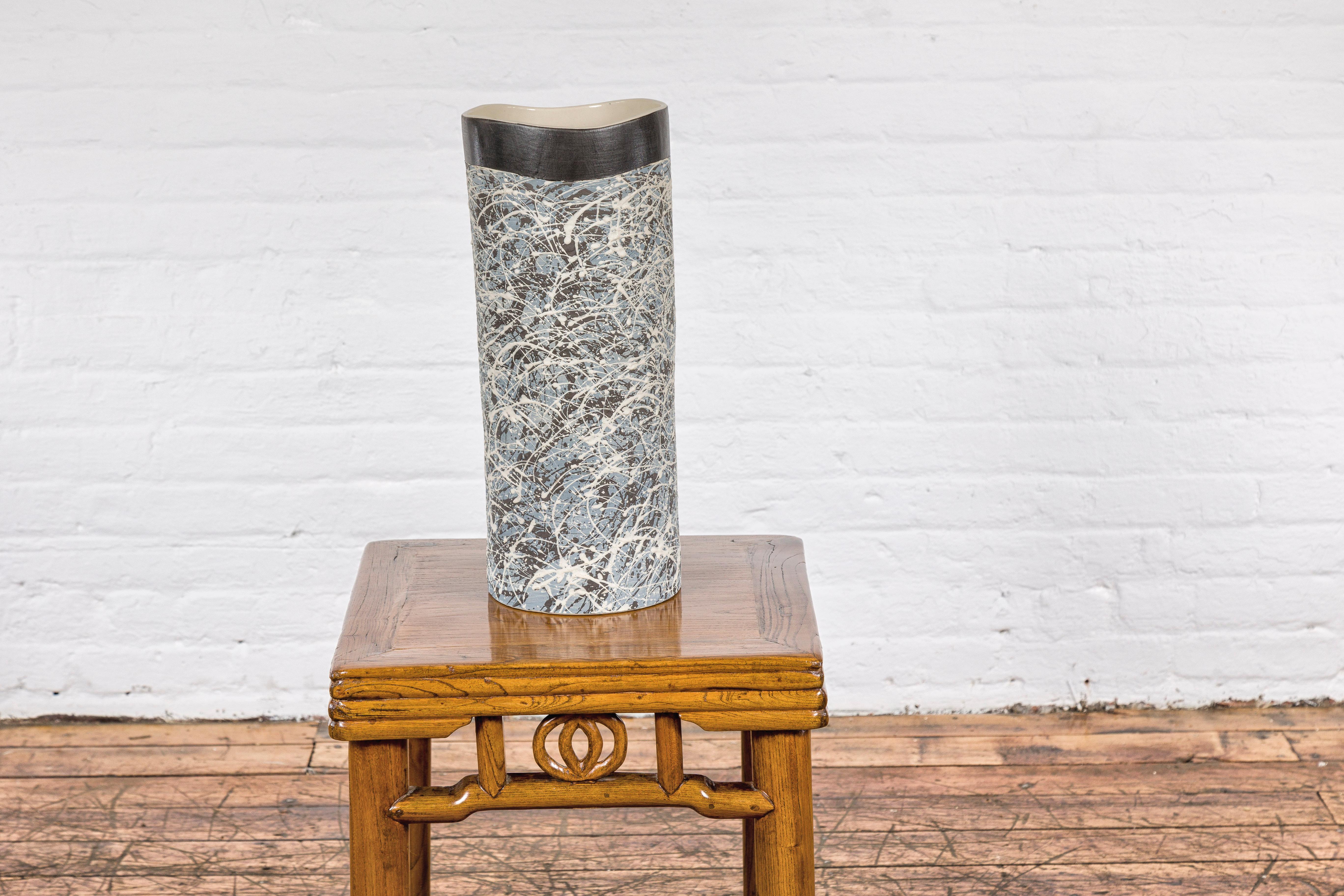 Contemporary Textured Blue Gray, White, Brown and Black Spattered Ceramic Vase For Sale