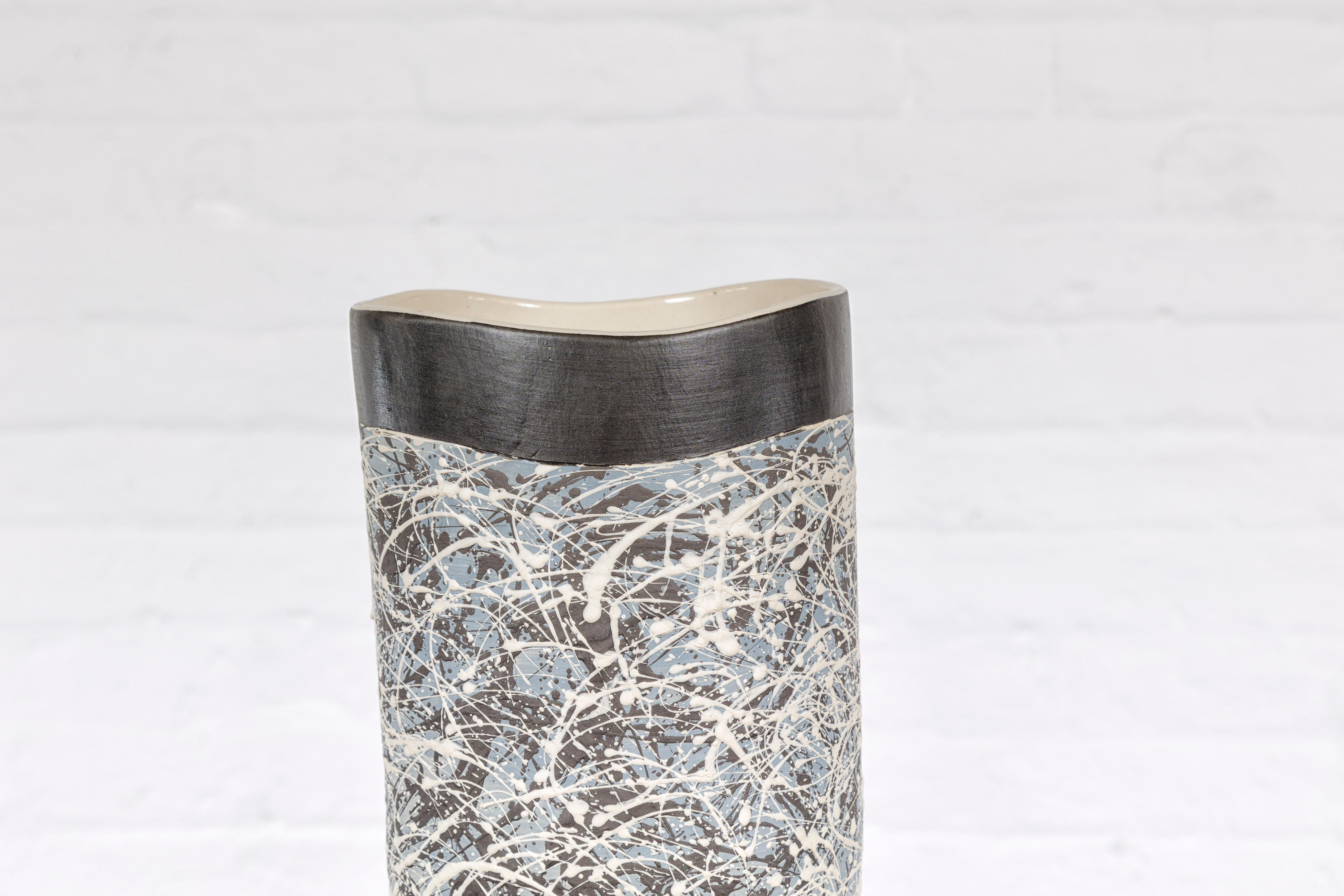 Textured Blue Gray, White, Brown and Black Spattered Ceramic Vase For Sale 2