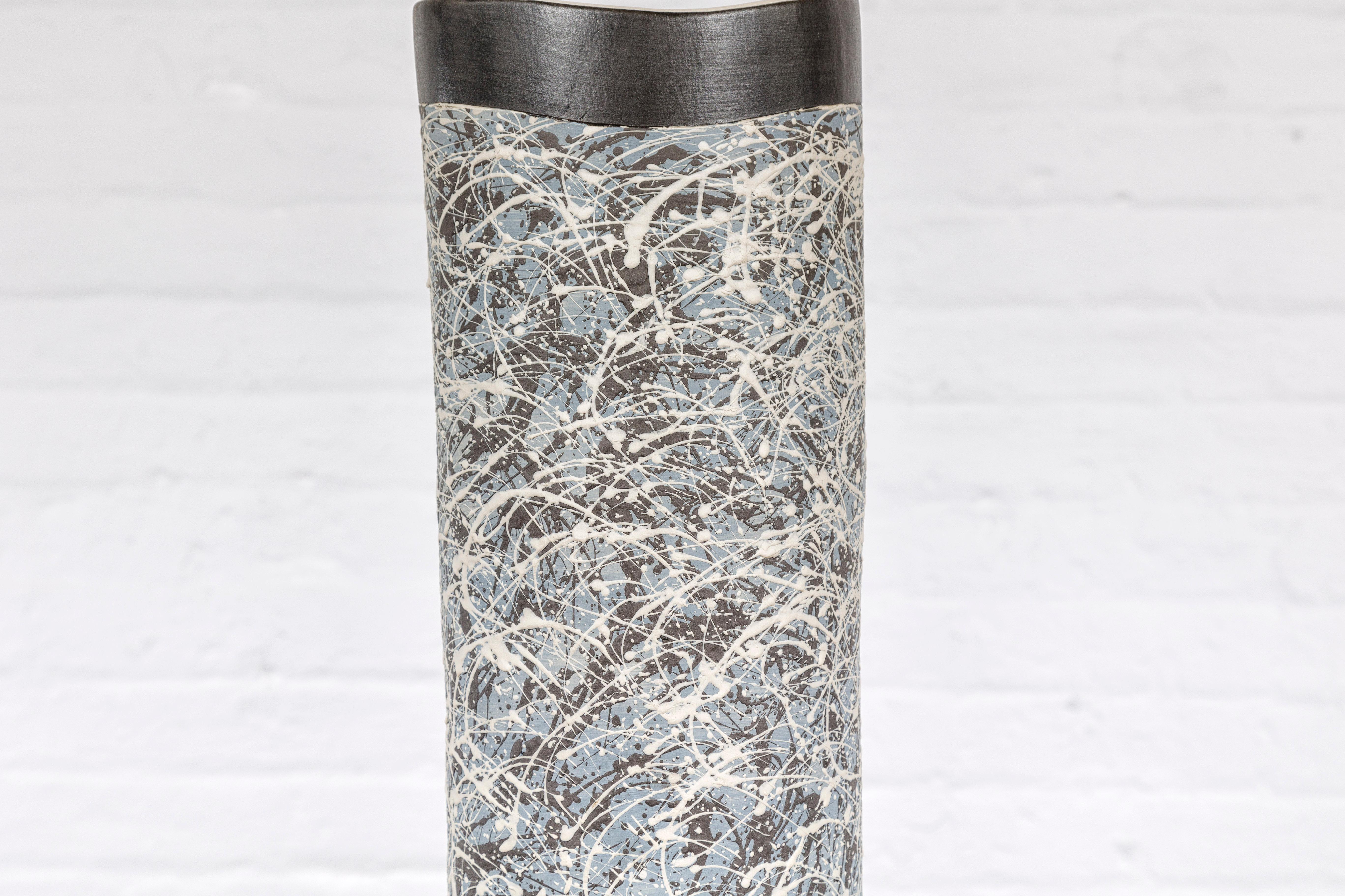 Textured Blue Gray, White, Brown and Black Spattered Ceramic Vase For Sale 3