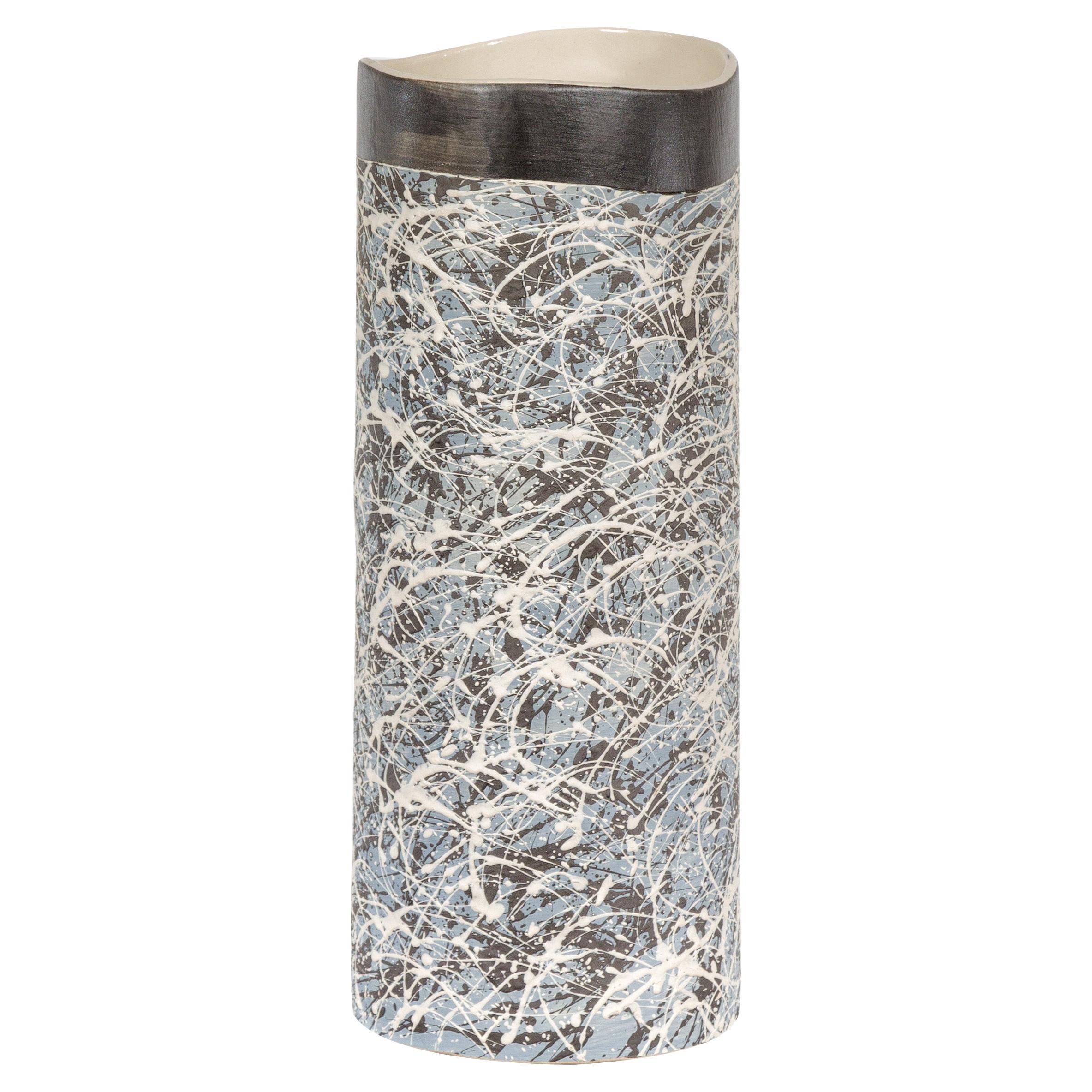 Textured Blue Gray, White, Brown and Black Spattered Ceramic Vase For Sale