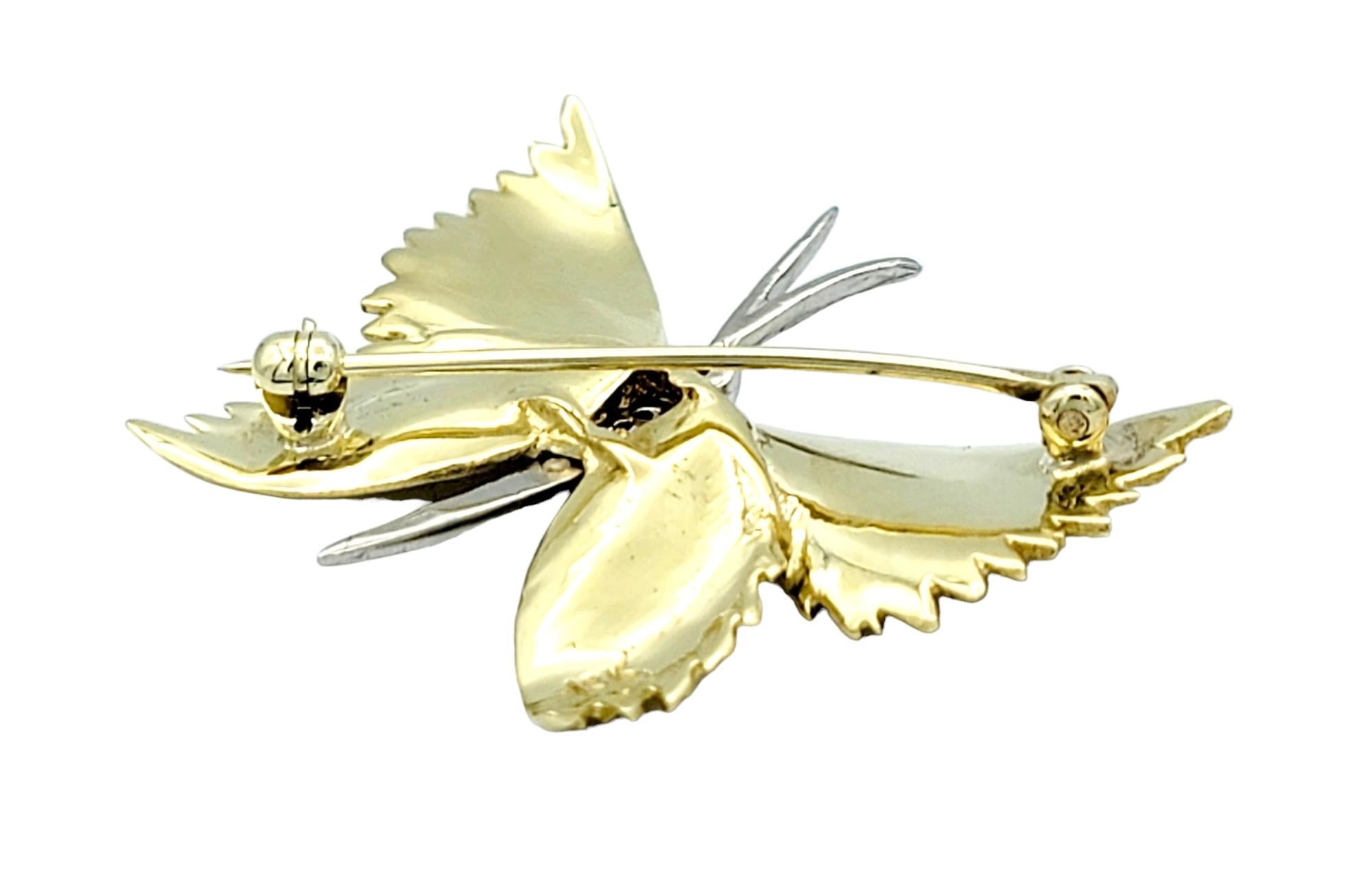 Women's or Men's Textured Butterfly Brooch / Pin with Round Diamonds Set in 18 Karat Yellow Gold For Sale