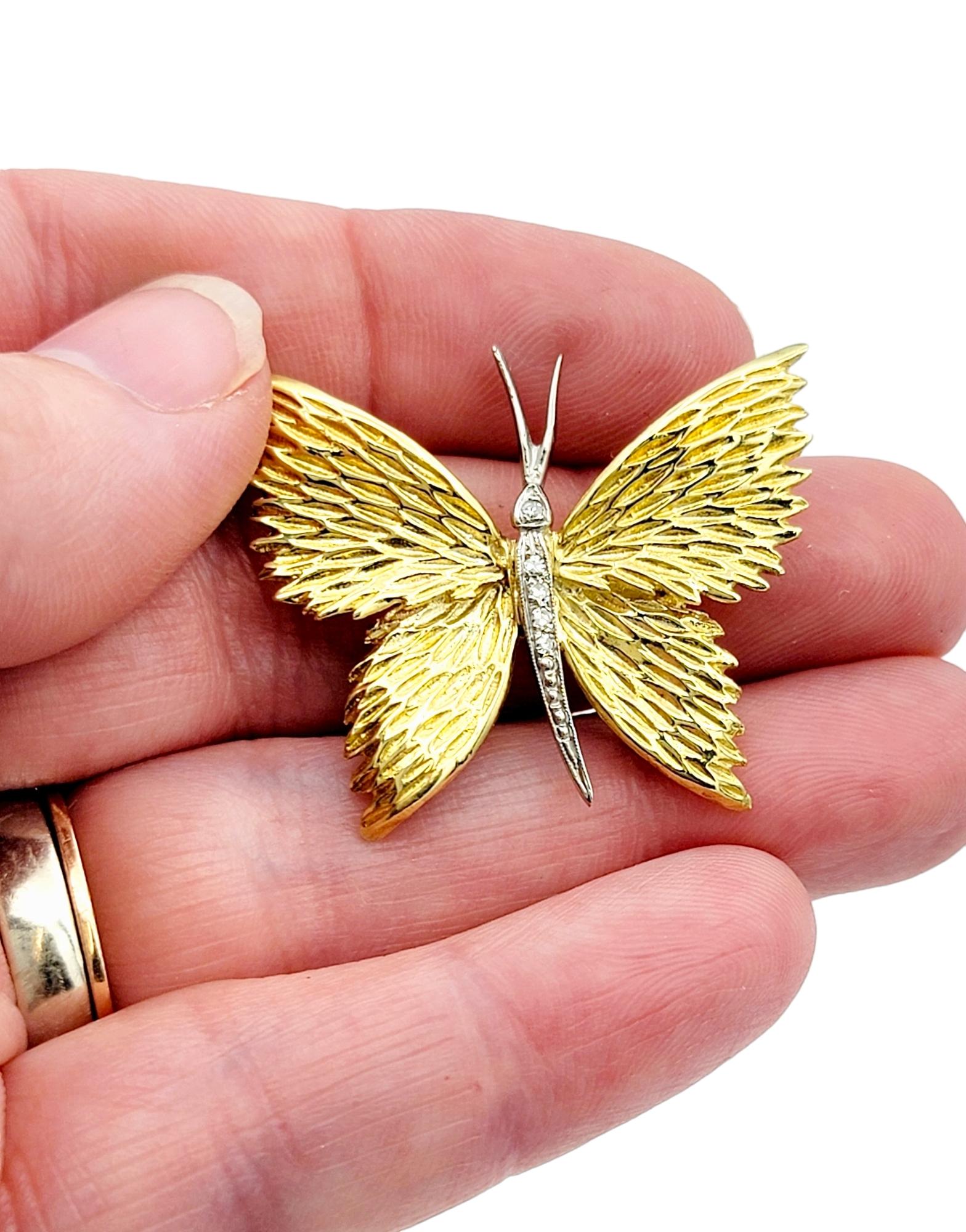 Textured Butterfly Brooch / Pin with Round Diamonds Set in 18 Karat Yellow Gold For Sale 2