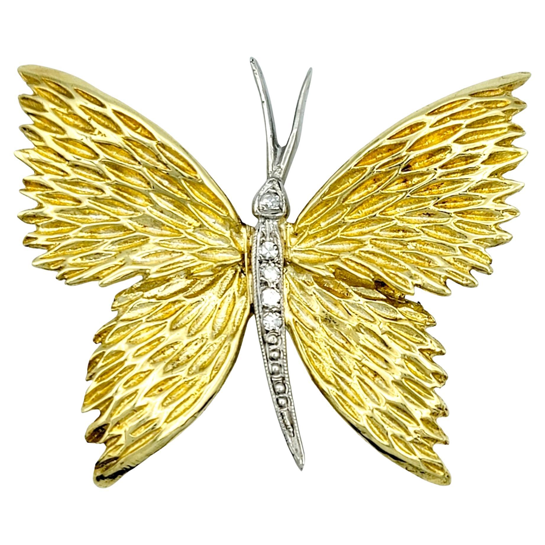 Textured Butterfly Brooch / Pin with Round Diamonds Set in 18 Karat Yellow Gold For Sale