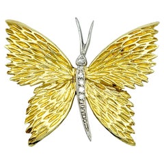Textured Butterfly Brooch / Pin with Round Diamonds Set in 18 Karat Yellow Gold