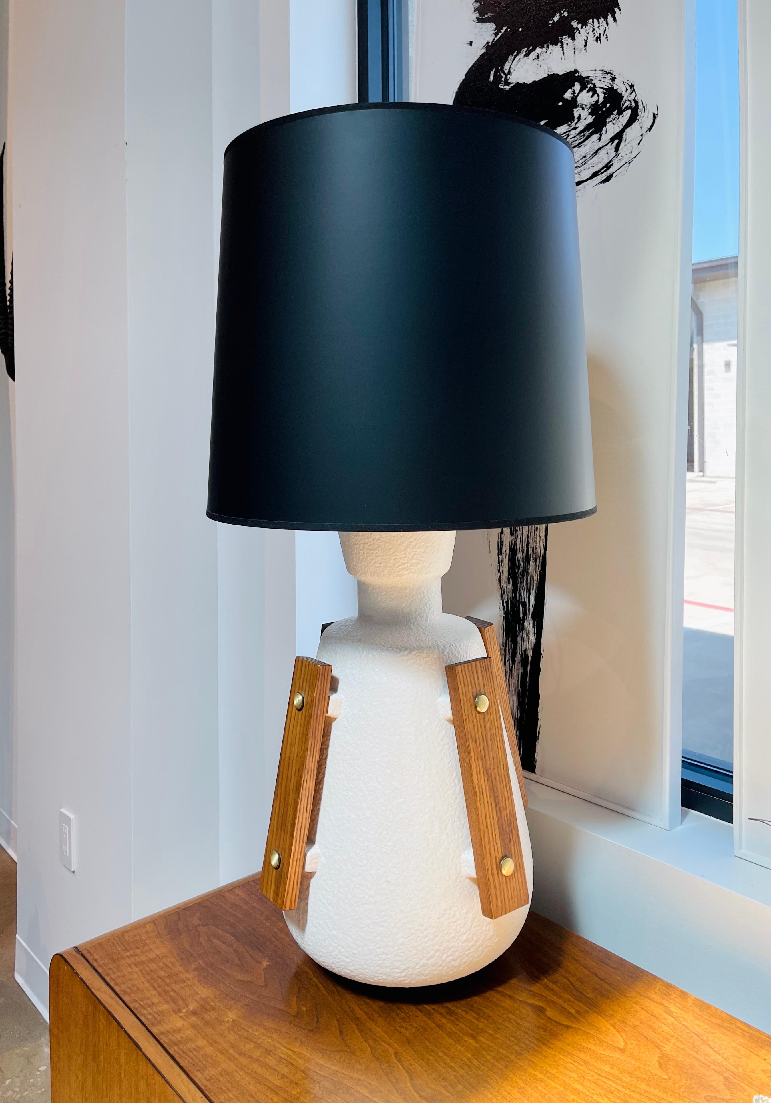 20th Century Textured Ceramic & Oak Lamp For Sale