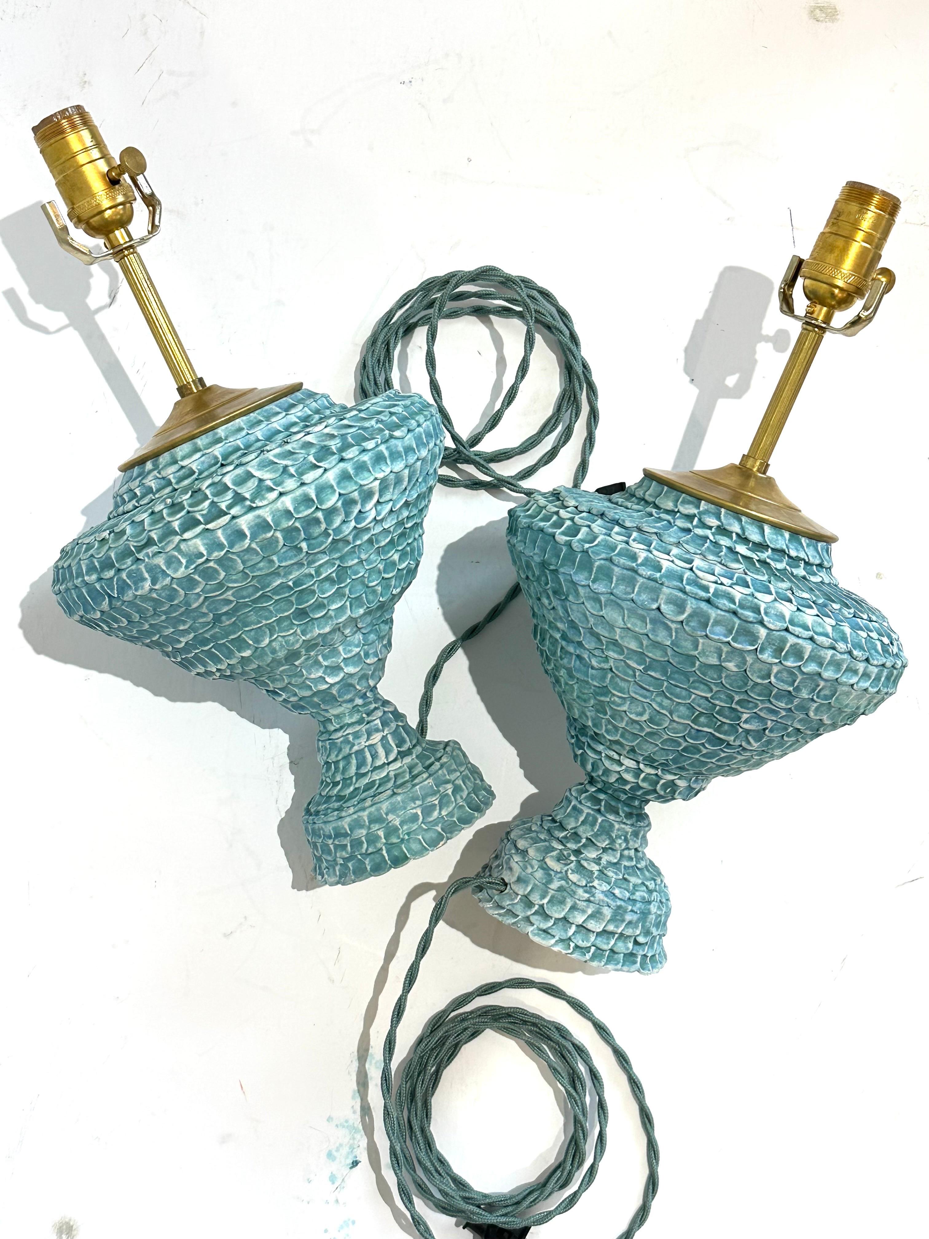 textured classical ceramic urn lamp pair in turquoise For Sale 5