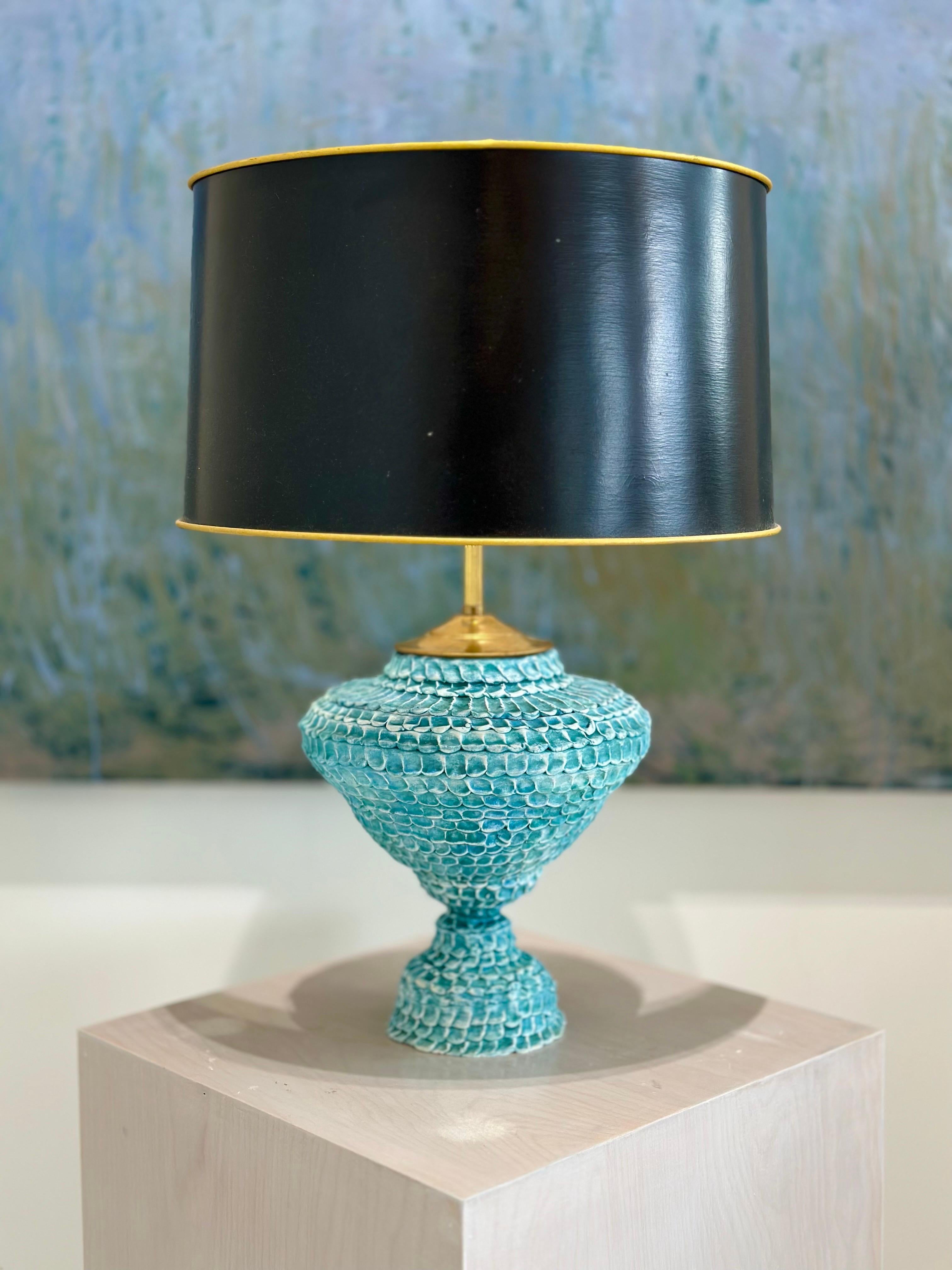 textured classical ceramic urn lamp pair in turquoise For Sale 6
