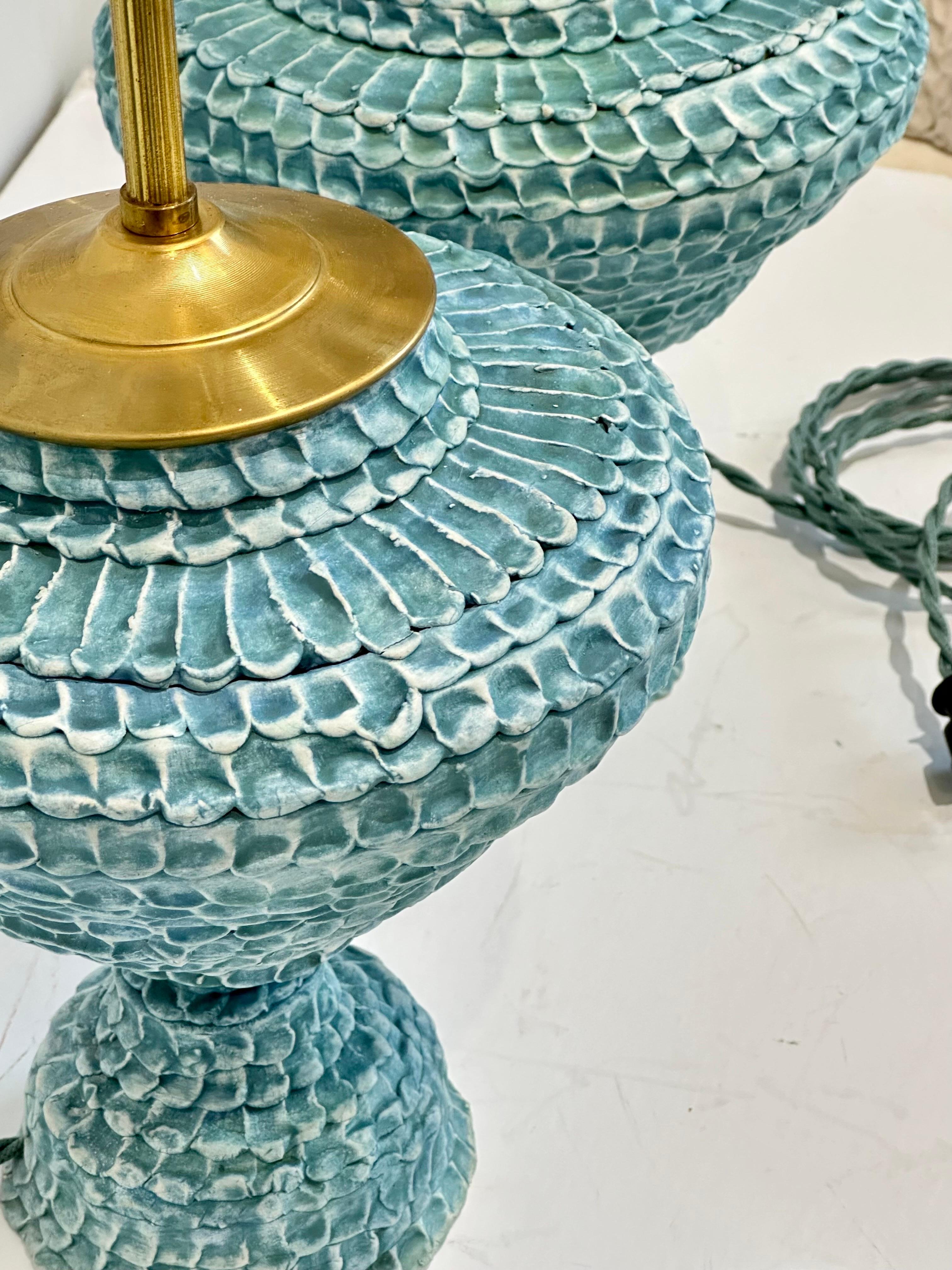 textured classical ceramic urn lamp pair in turquoise For Sale 2