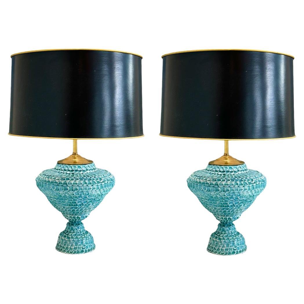 textured classical ceramic urn lamp pair in turquoise For Sale