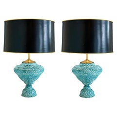 Vintage textured classical ceramic urn lamp pair in turquoise
