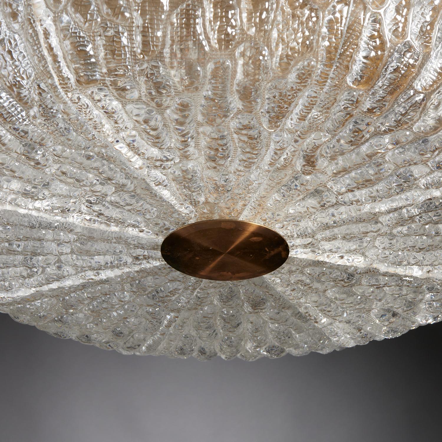 Mid-Century Modern Textured Clear Glass and Brass Chandelier by Carl Fagerlund for Orrefors