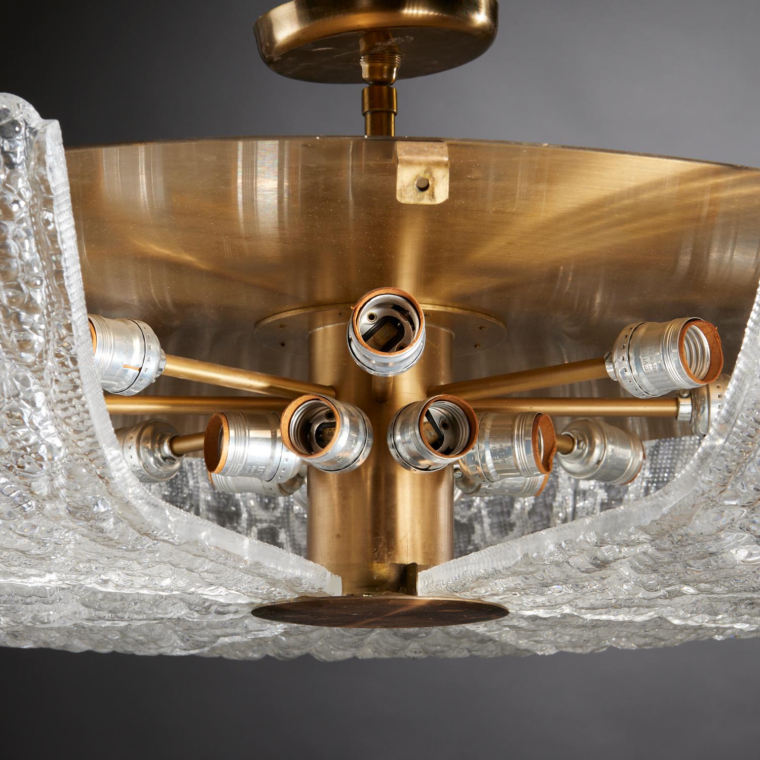 Mid-20th Century Textured Clear Glass and Brass Chandelier by Carl Fagerlund for Orrefors