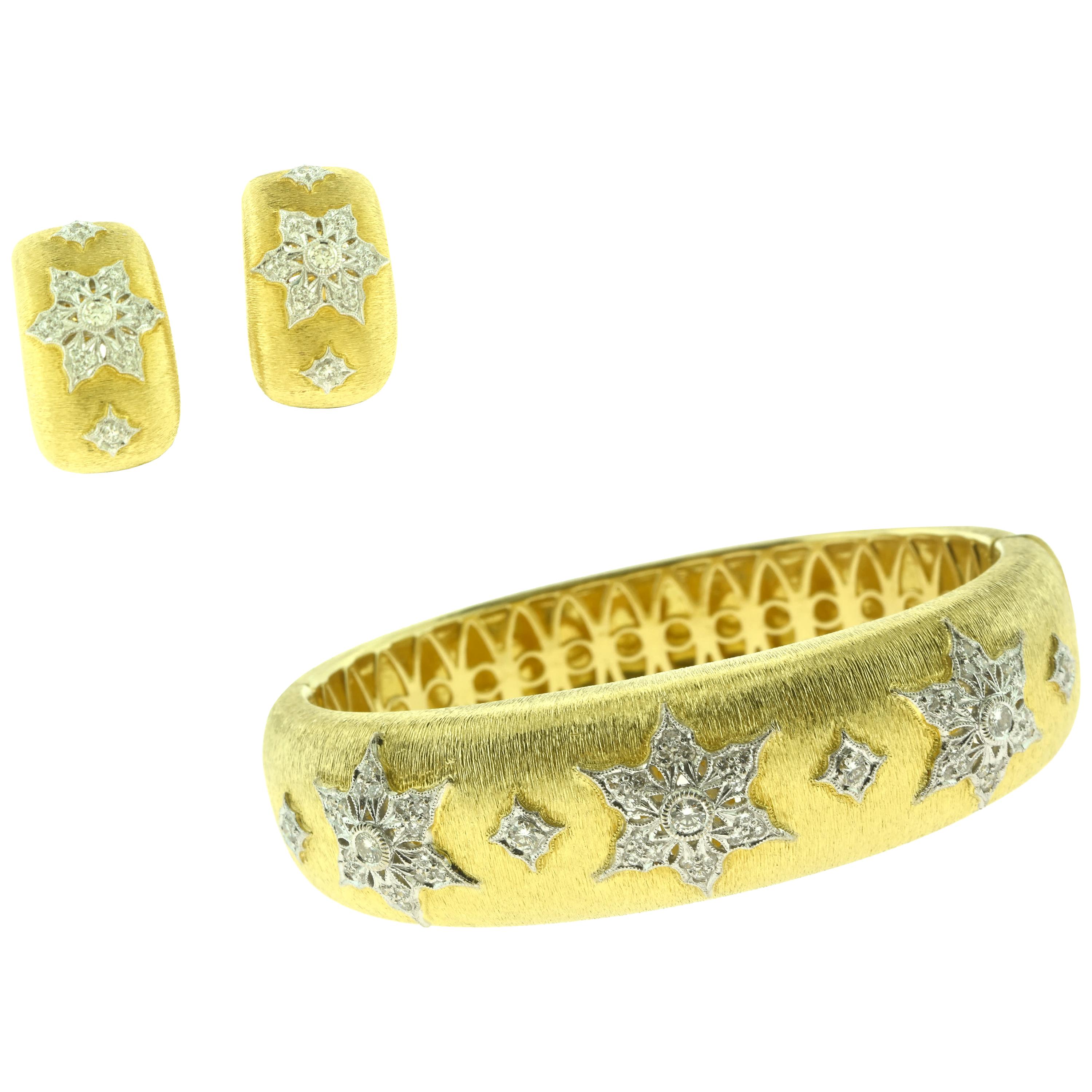 Textured Diamond Star Wide Bangle and Half Hoop Earring Set, in 18K Yellow Gold
